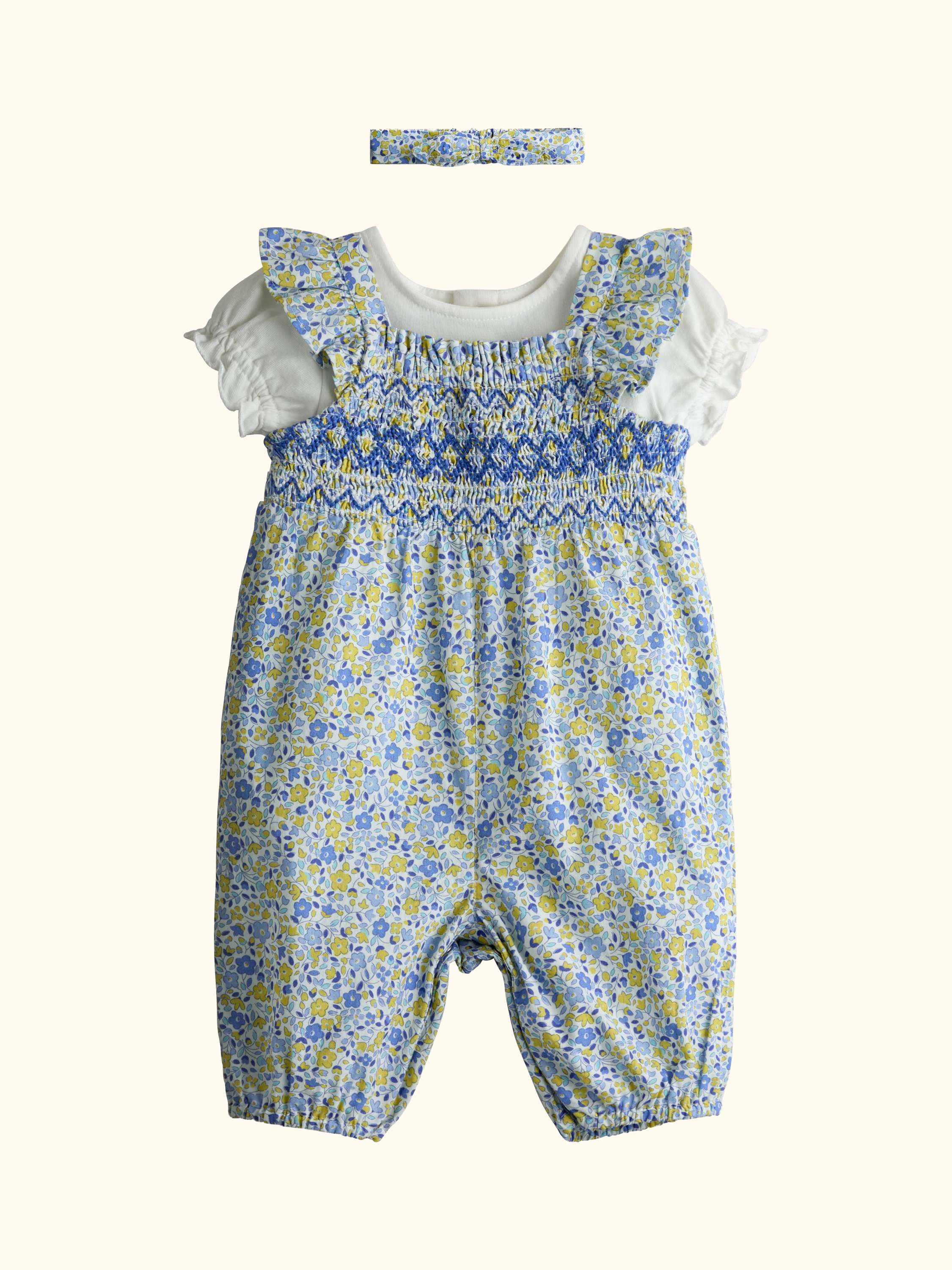 Baby Ditsy Floral Dungarees, T-Shirt & Headband Set, Mid Blue