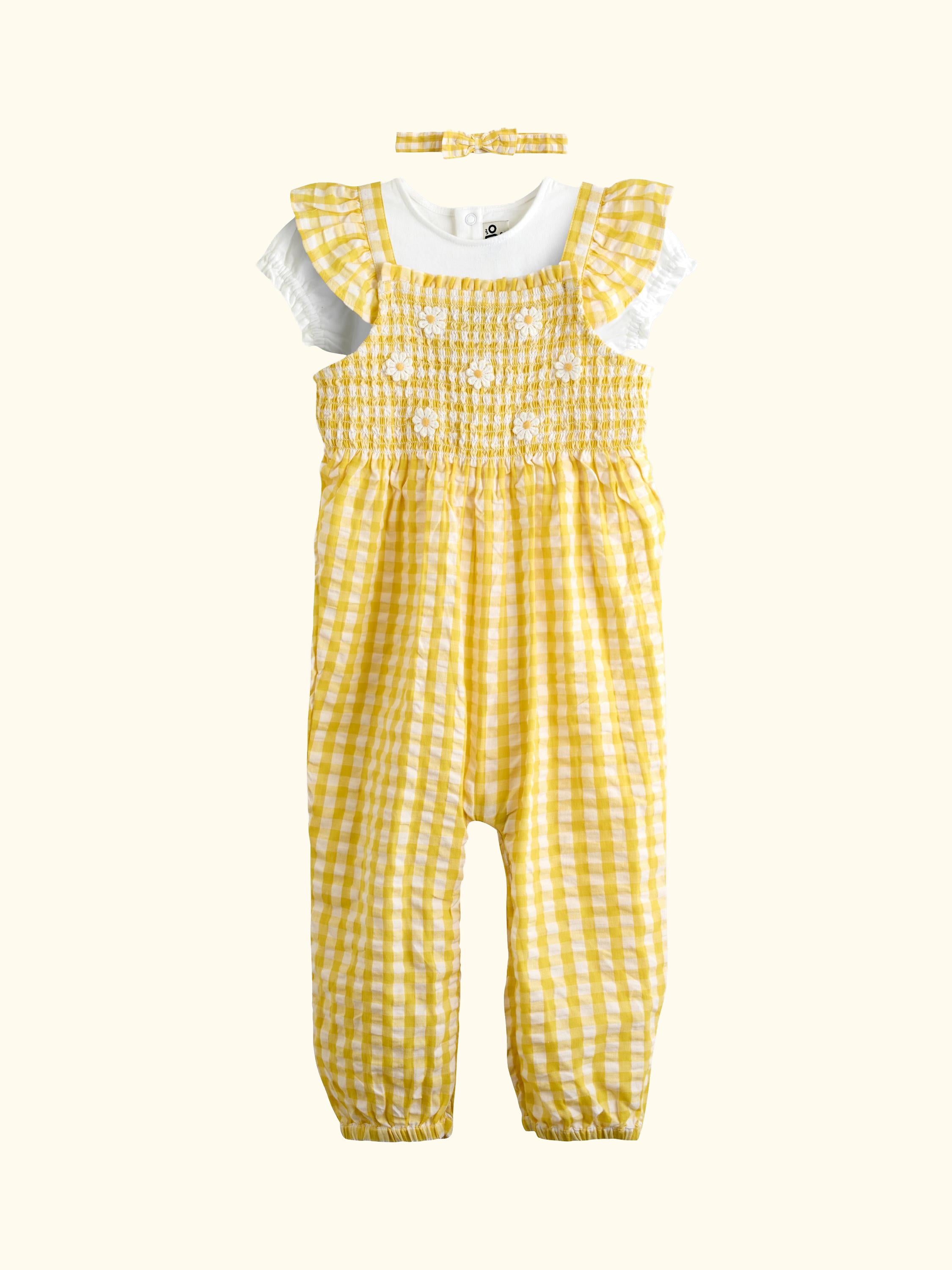 Baby Smocked Dungarees, T-Shirt & Headband Set, Light Yellow