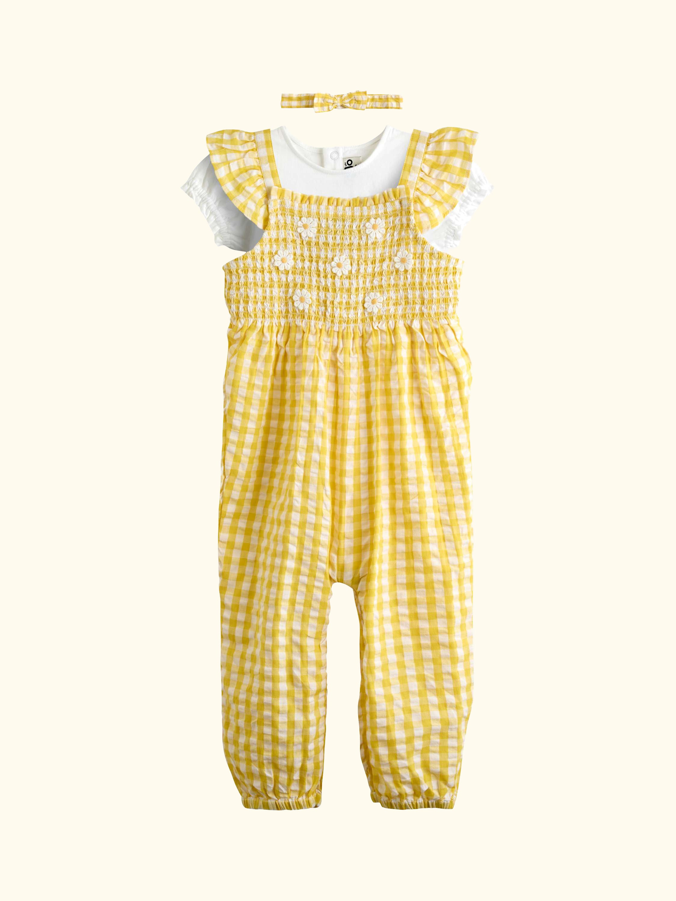 Baby Smocked Dungarees, T-Shirt & Headband Set, Light Yellow