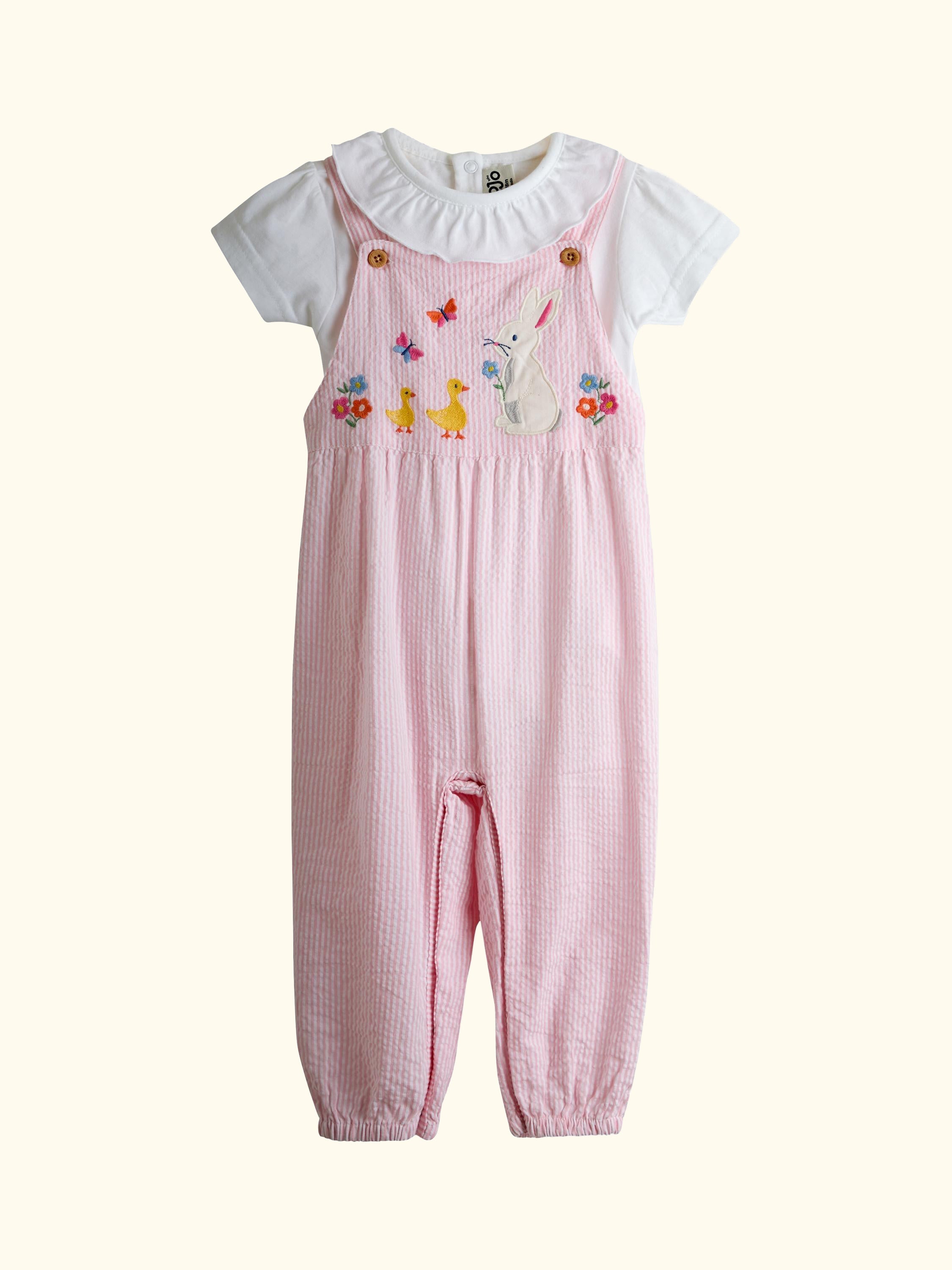 Baby Embroidered Dungarees and Body Set, Light Pink