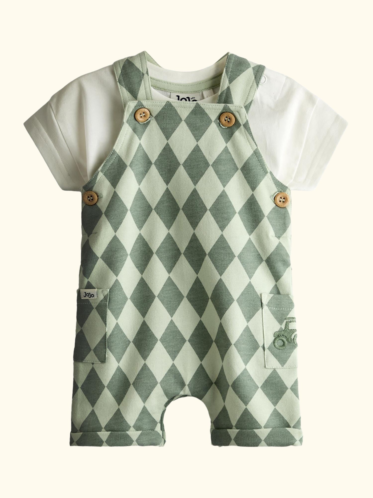 Baby Harlequin Dungarees and T-Shirt Set, Mid Green