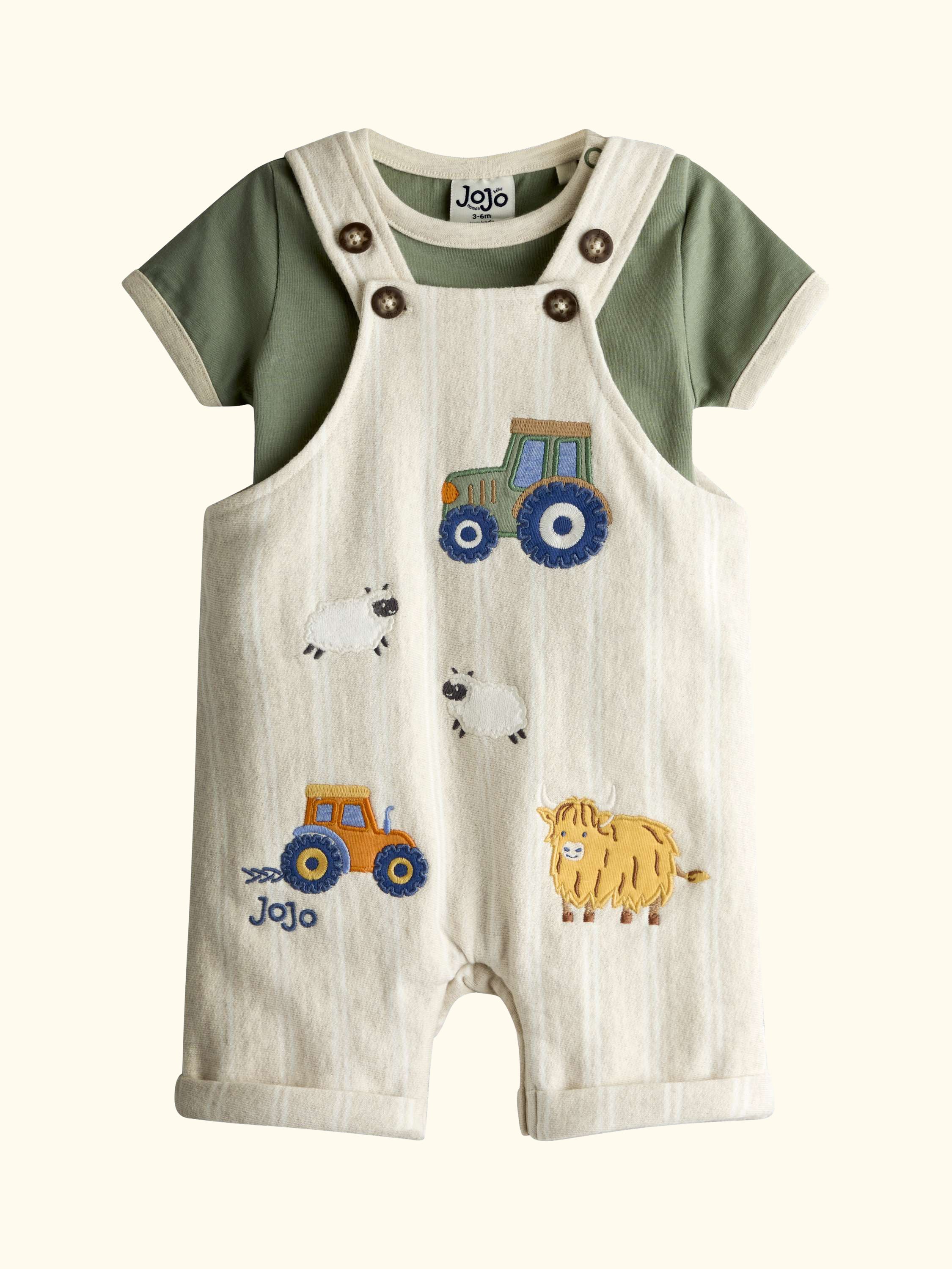 Baby Tractor Appliqué Dungarees and T-Shirt Set, Oatmeal Marl