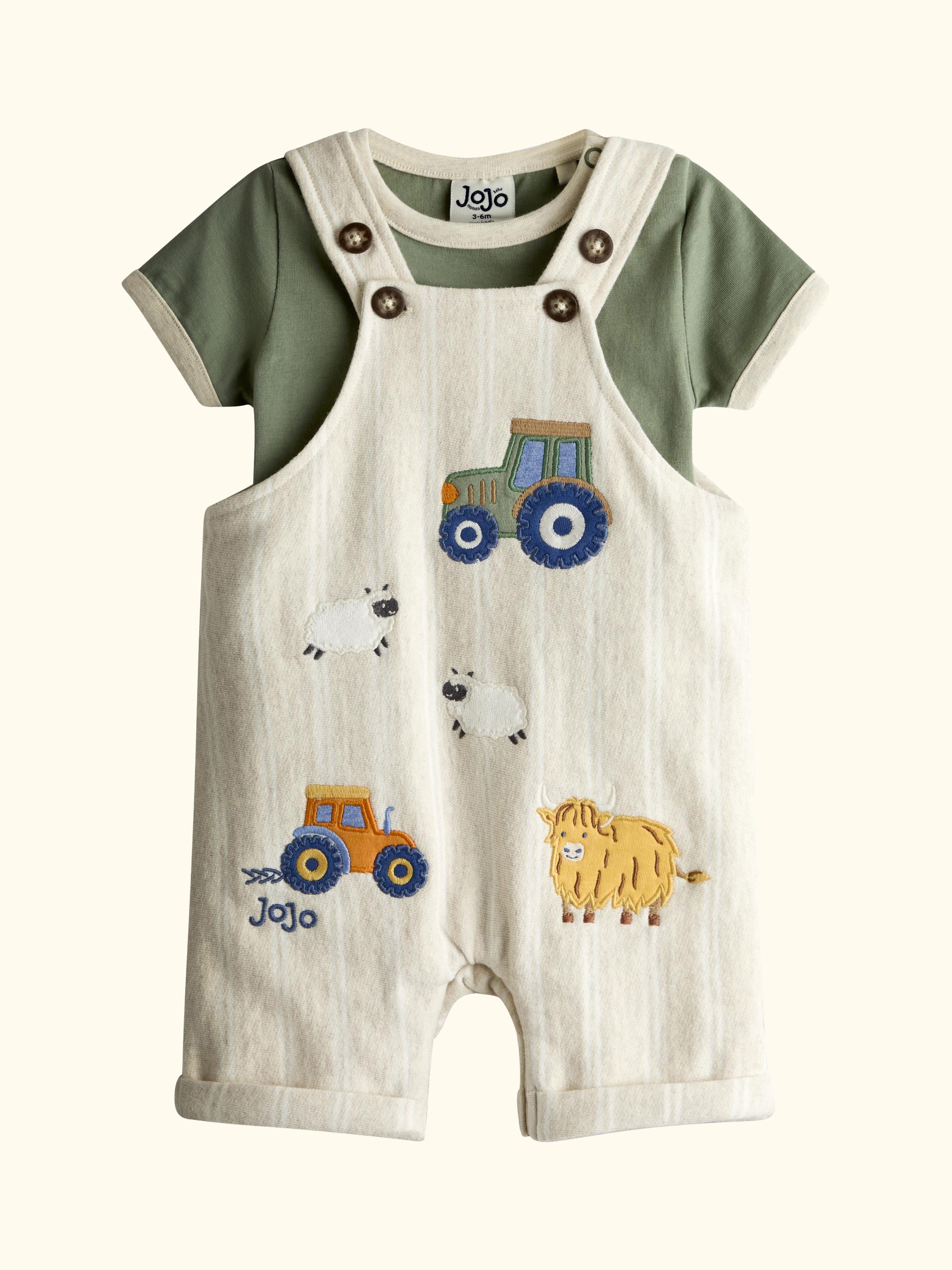 Baby Tractor Appliqué Dungarees and T-Shirt Set, Oatmeal Marl