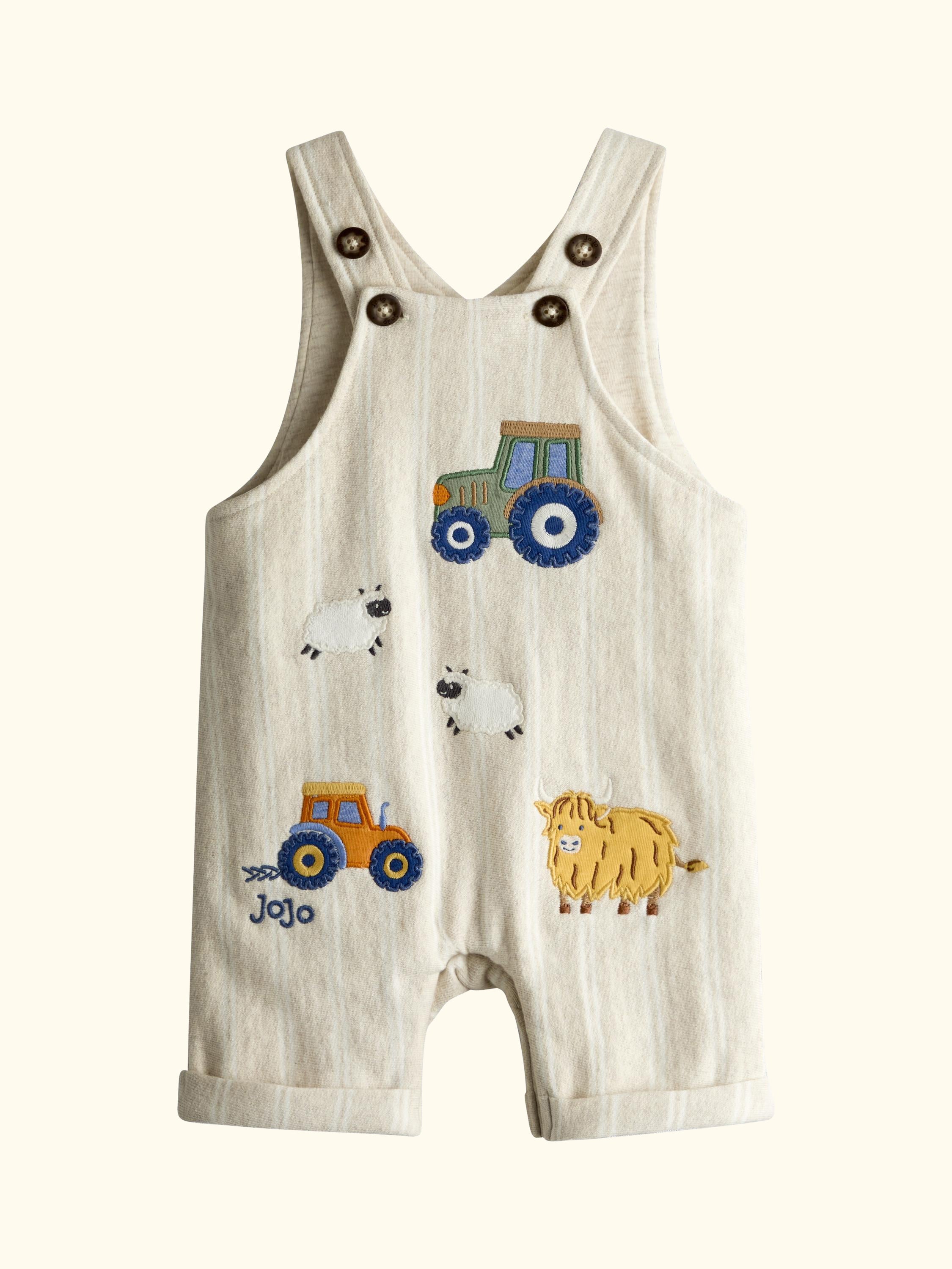 Baby Tractor Appliqué Dungarees and T-Shirt Set, Oatmeal Marl