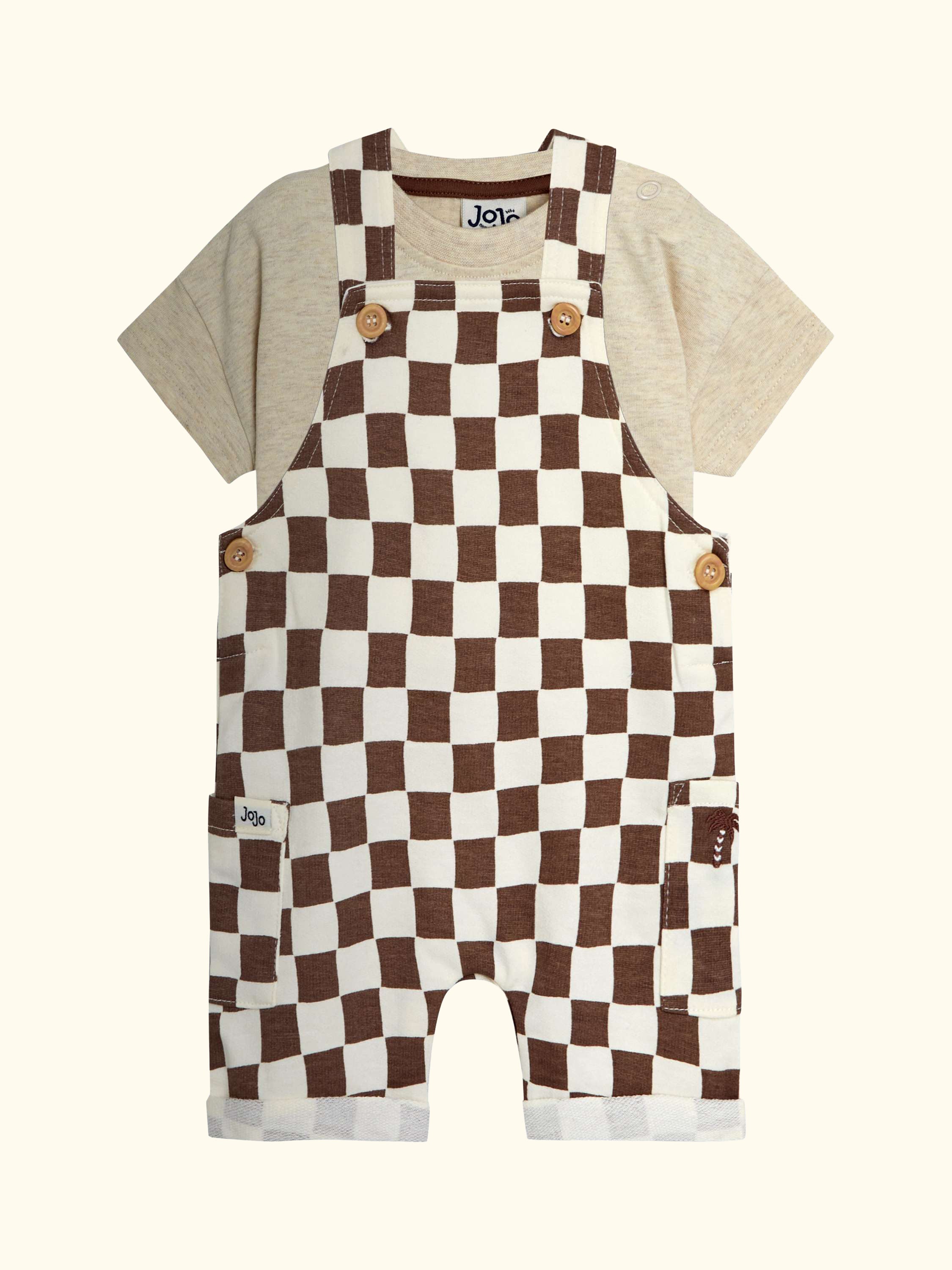 Baby Checkerboard Dungarees & T-Shirt Set, Stone
