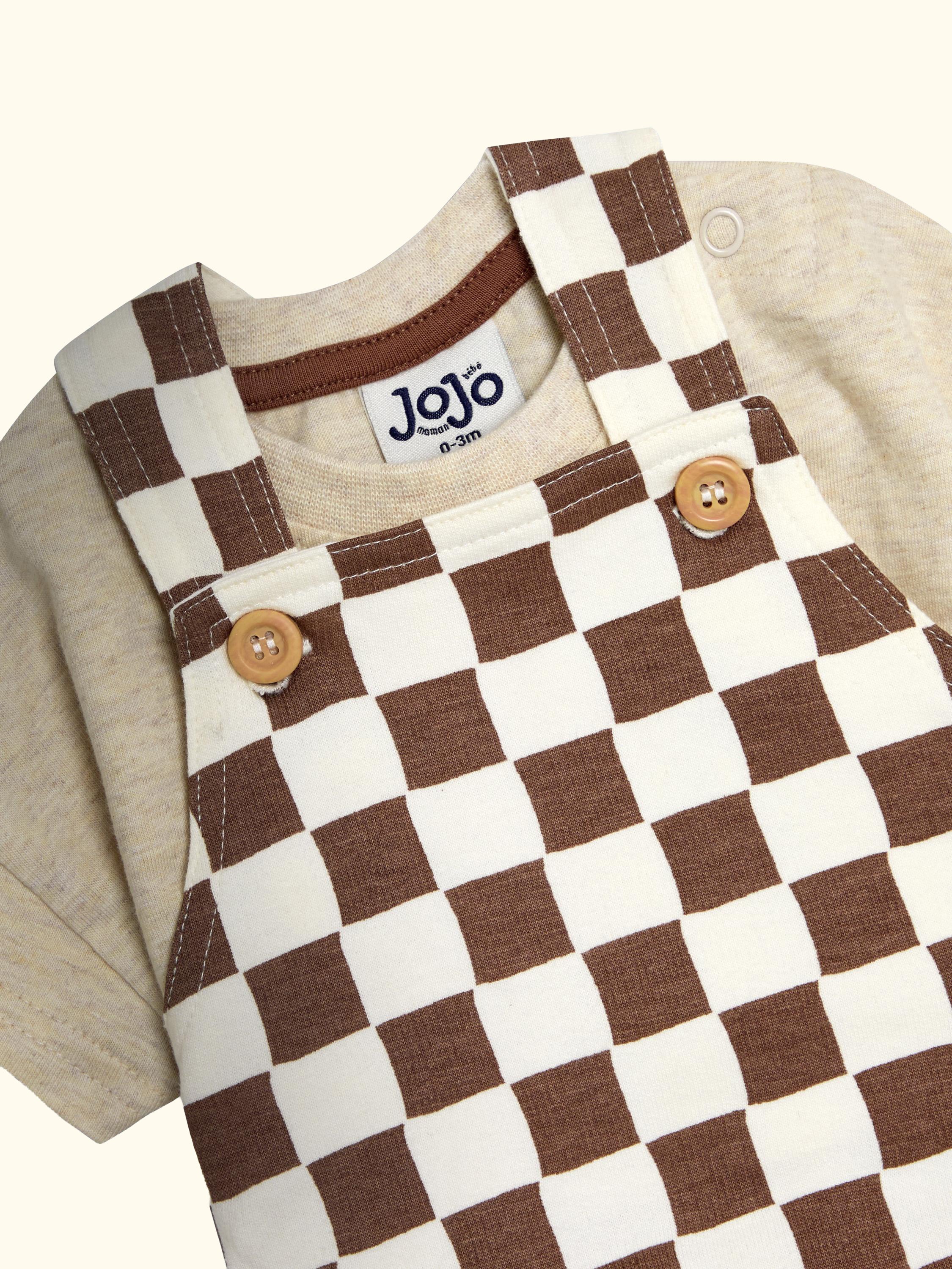 Baby Checkerboard Dungarees & T-Shirt Set, Stone