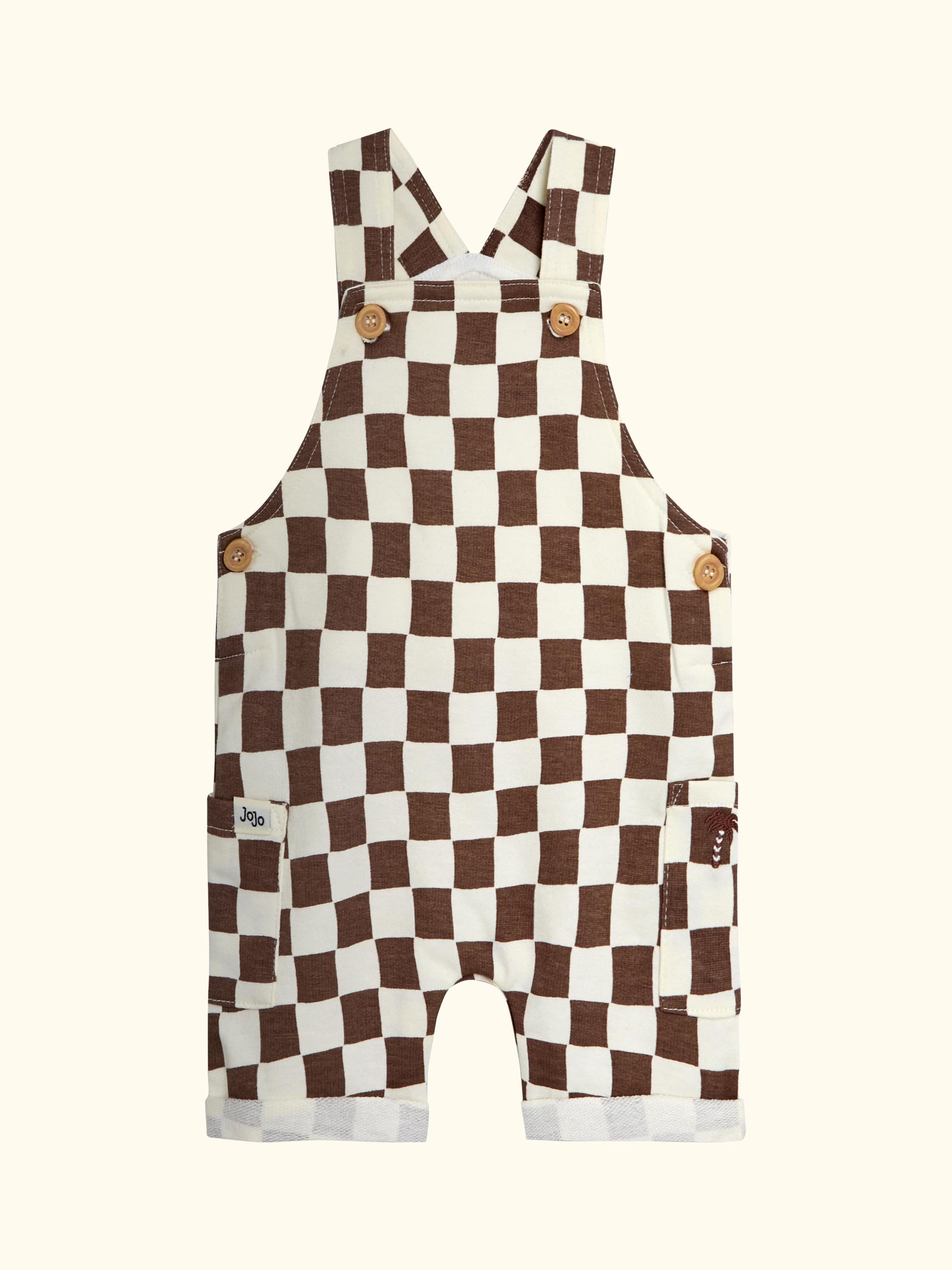 Baby Checkerboard Dungarees & T-Shirt Set, Stone