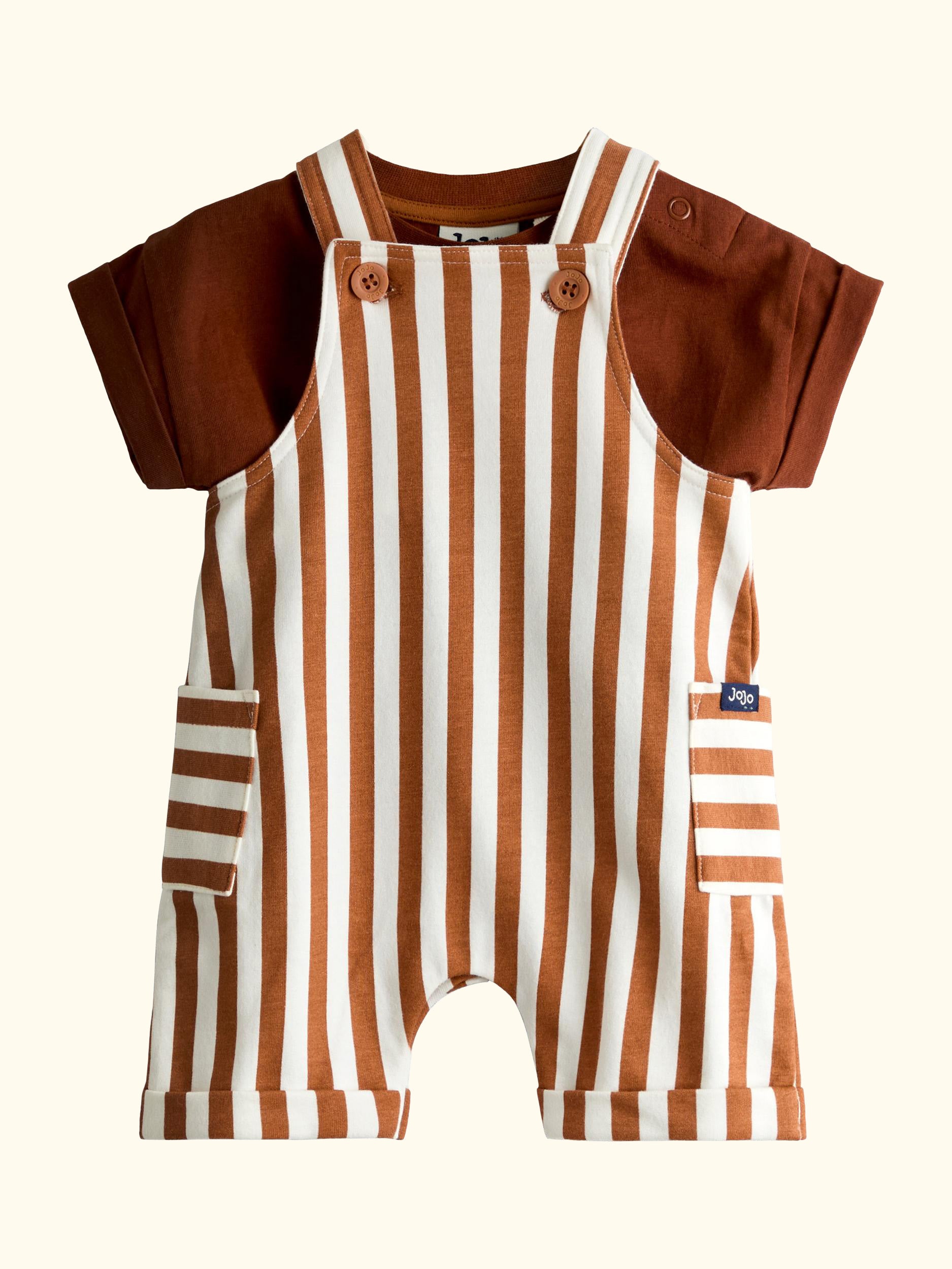 Baby Stripe Appliqué Dunagree and T-Shirt Set, Rust Orange
