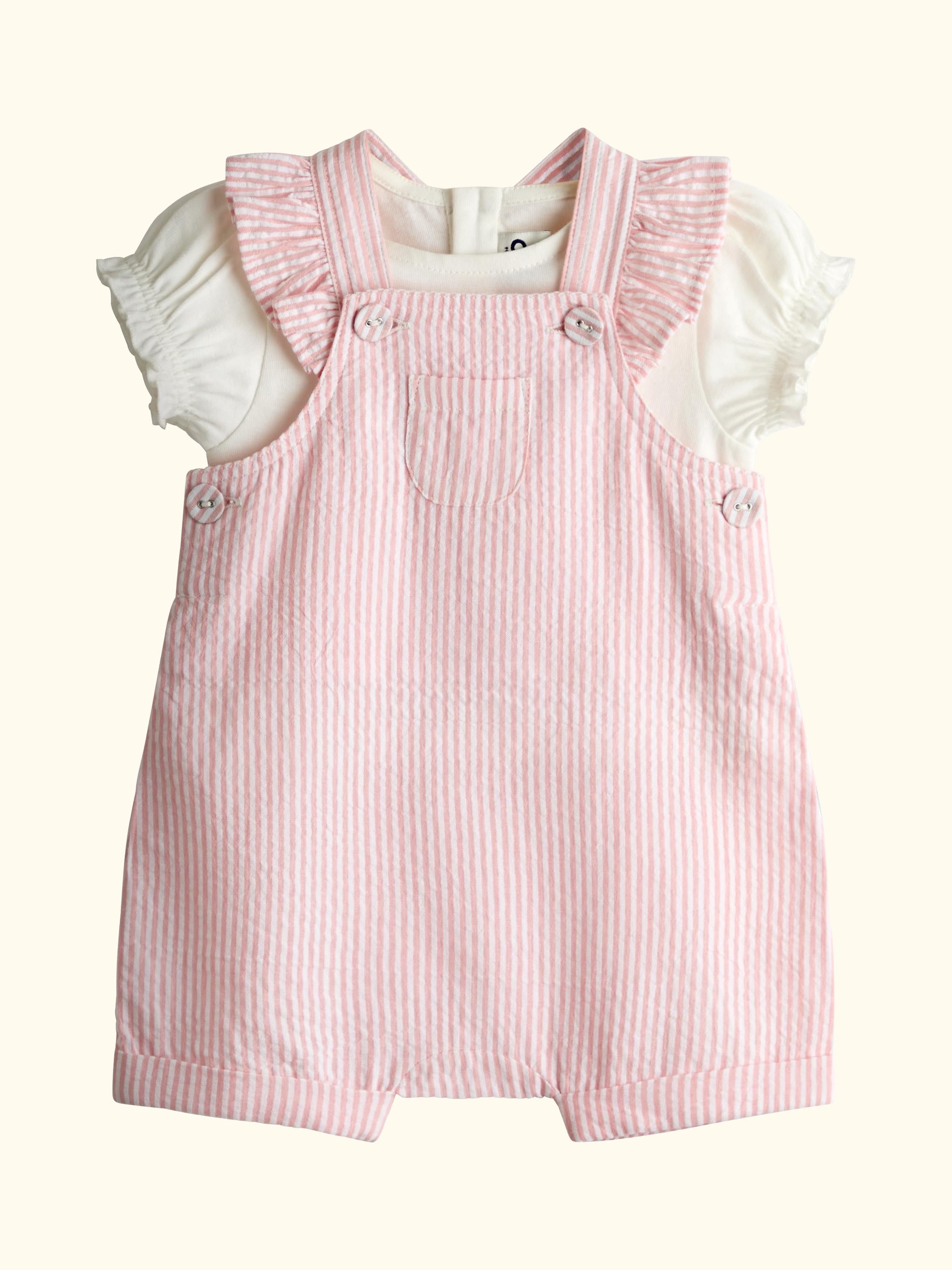 Baby Seersucker Stripe Dungarees & T-Shirt Set, Light Pink