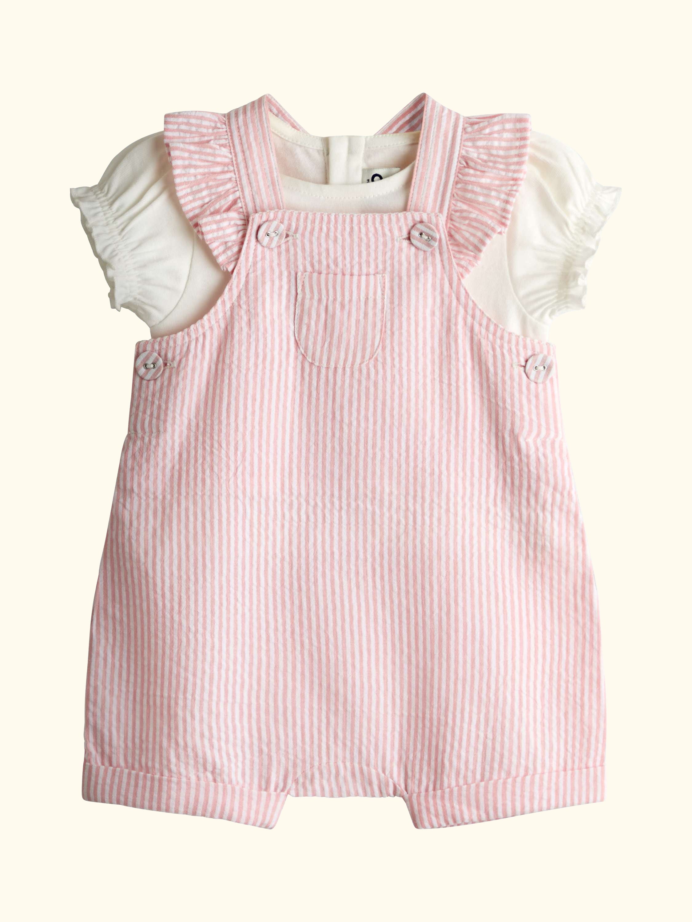 Baby Seersucker Stripe Dungarees & T-Shirt Set, Light Pink