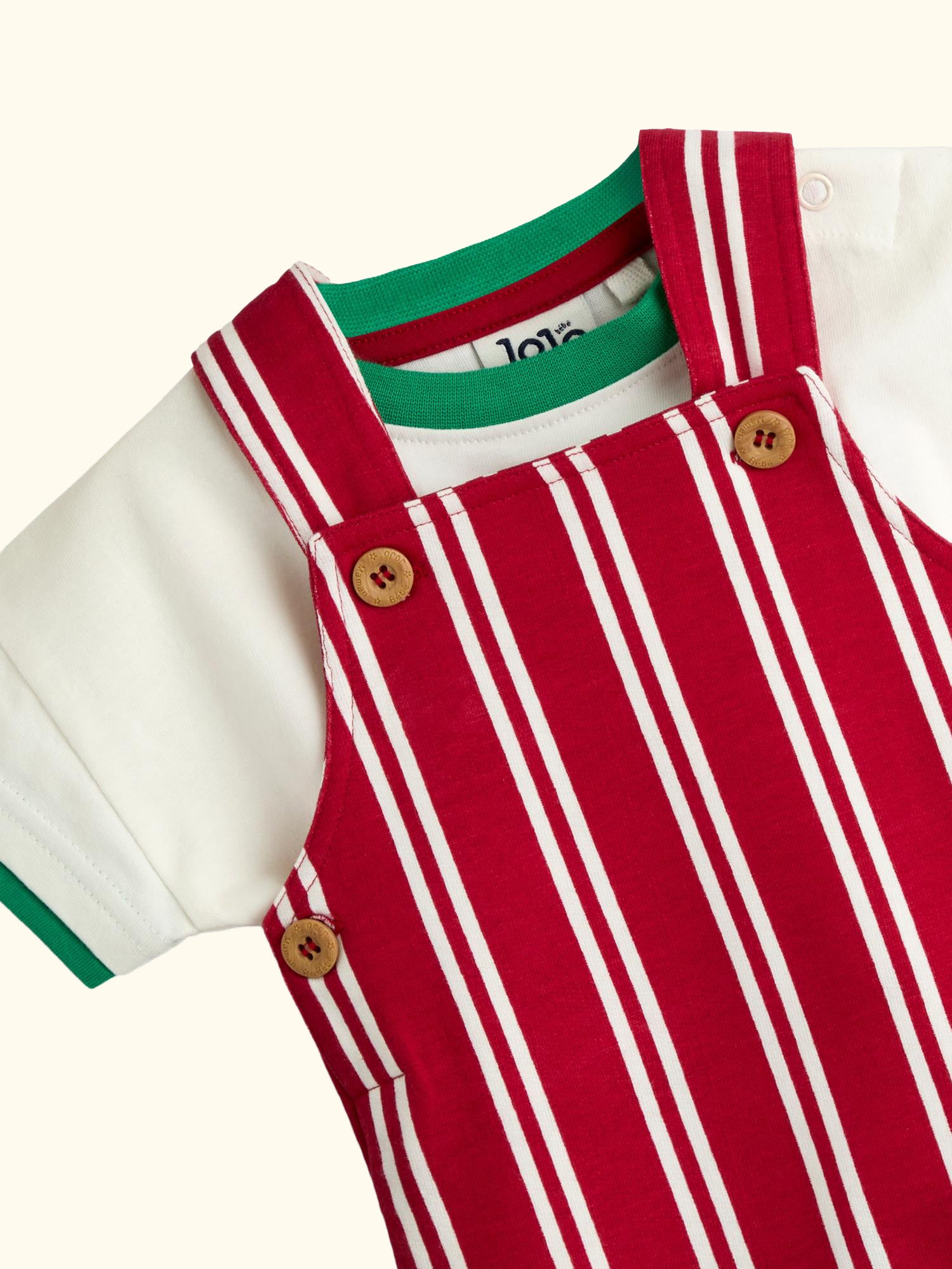 Baby Stripe Dungarees and T-Shirt Set, Bright Red
