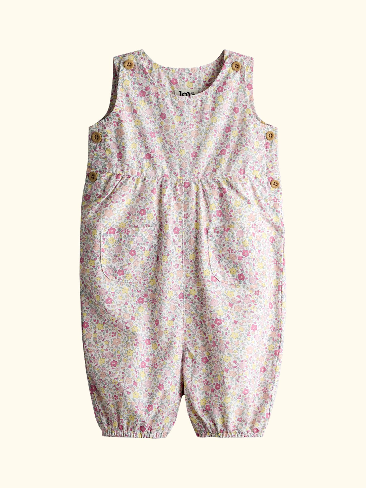 Baby Appliqué Pocket Disty Floral Dungarees, Mid Pink