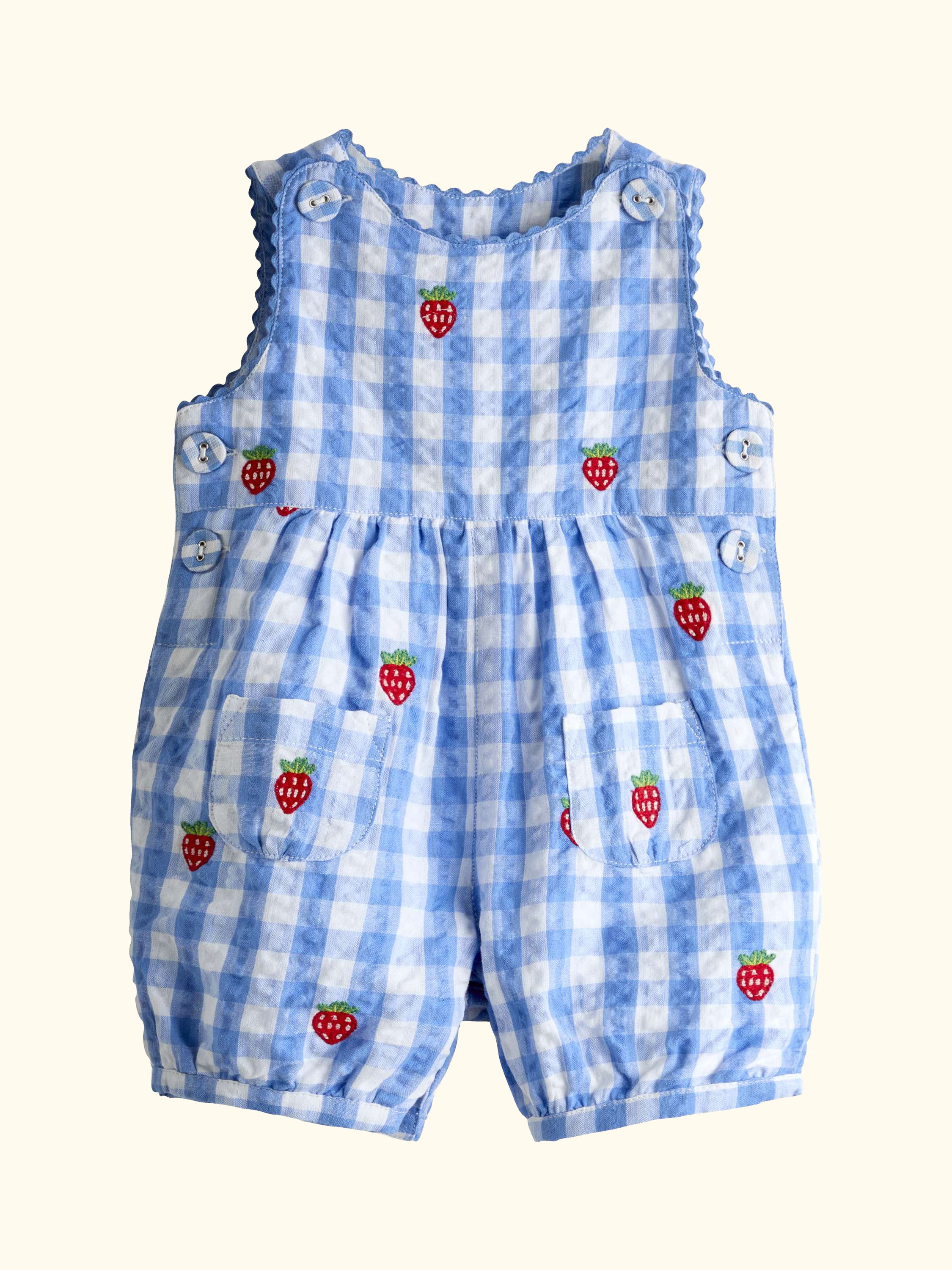 Baby Strawberry Embroidered Dungarees, Mid Blue
