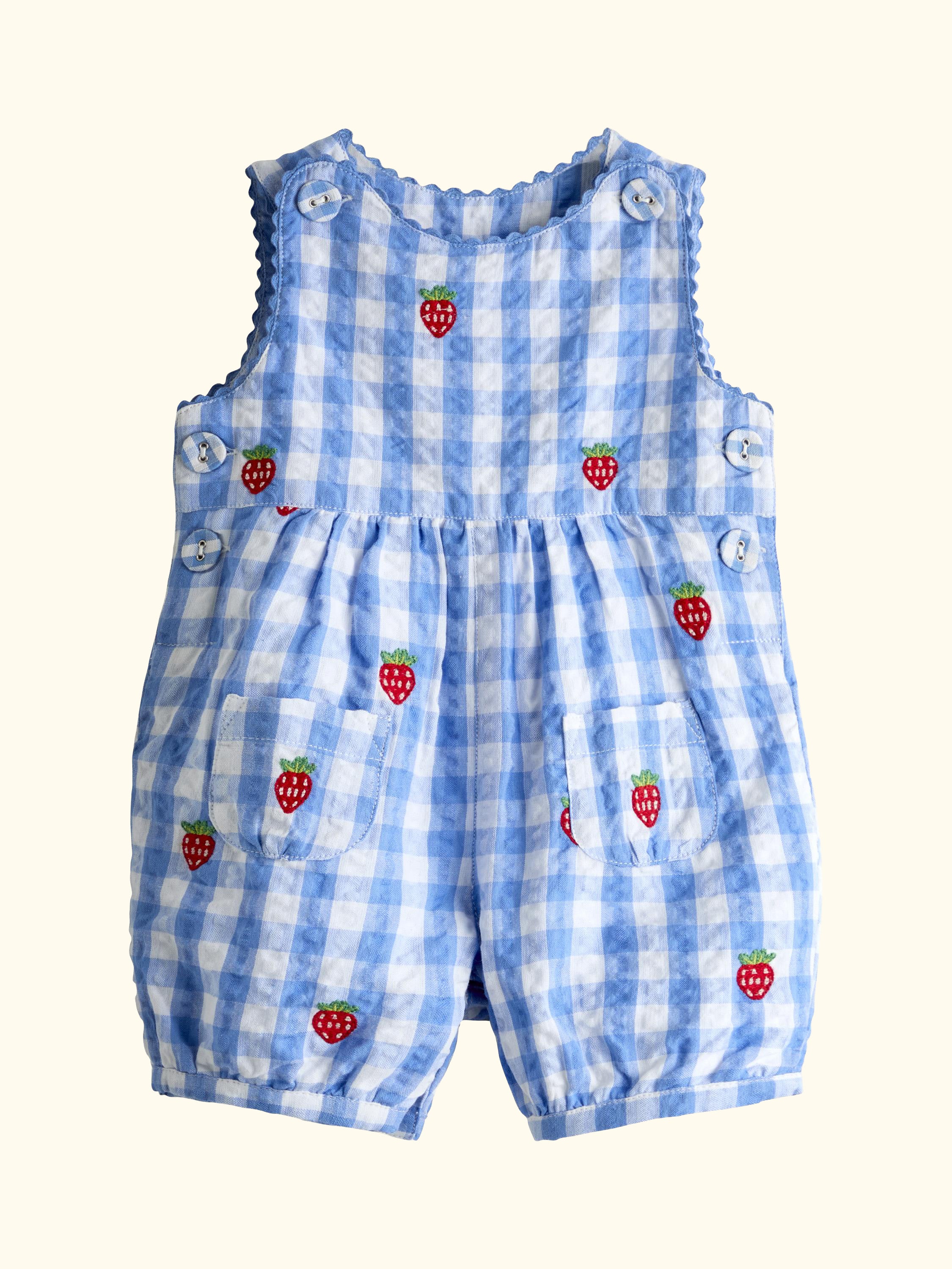 Baby Strawberry Embroidered Dungarees, Mid Blue