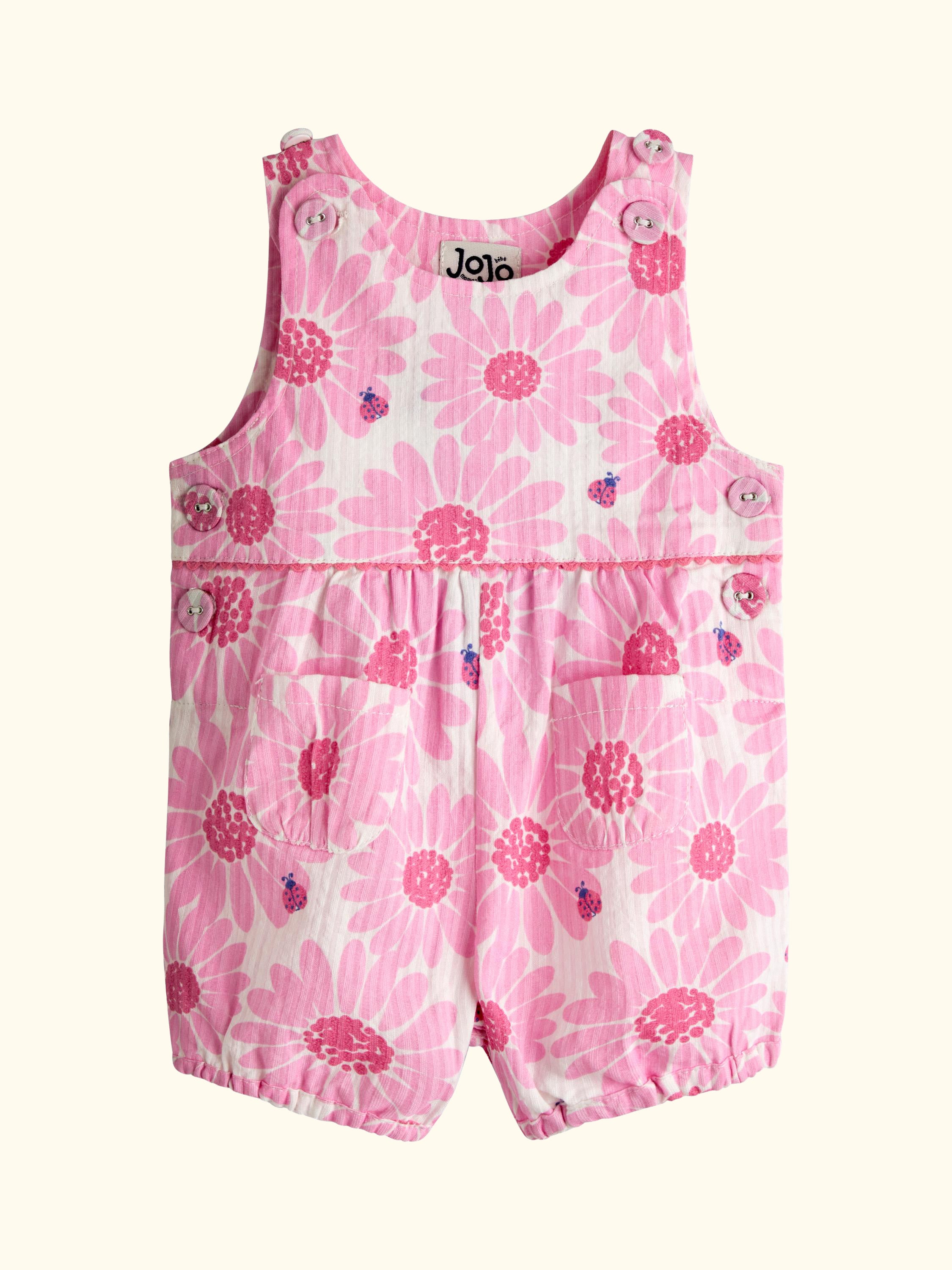 Baby Printed Seersucker Dungarees, Bright Pink