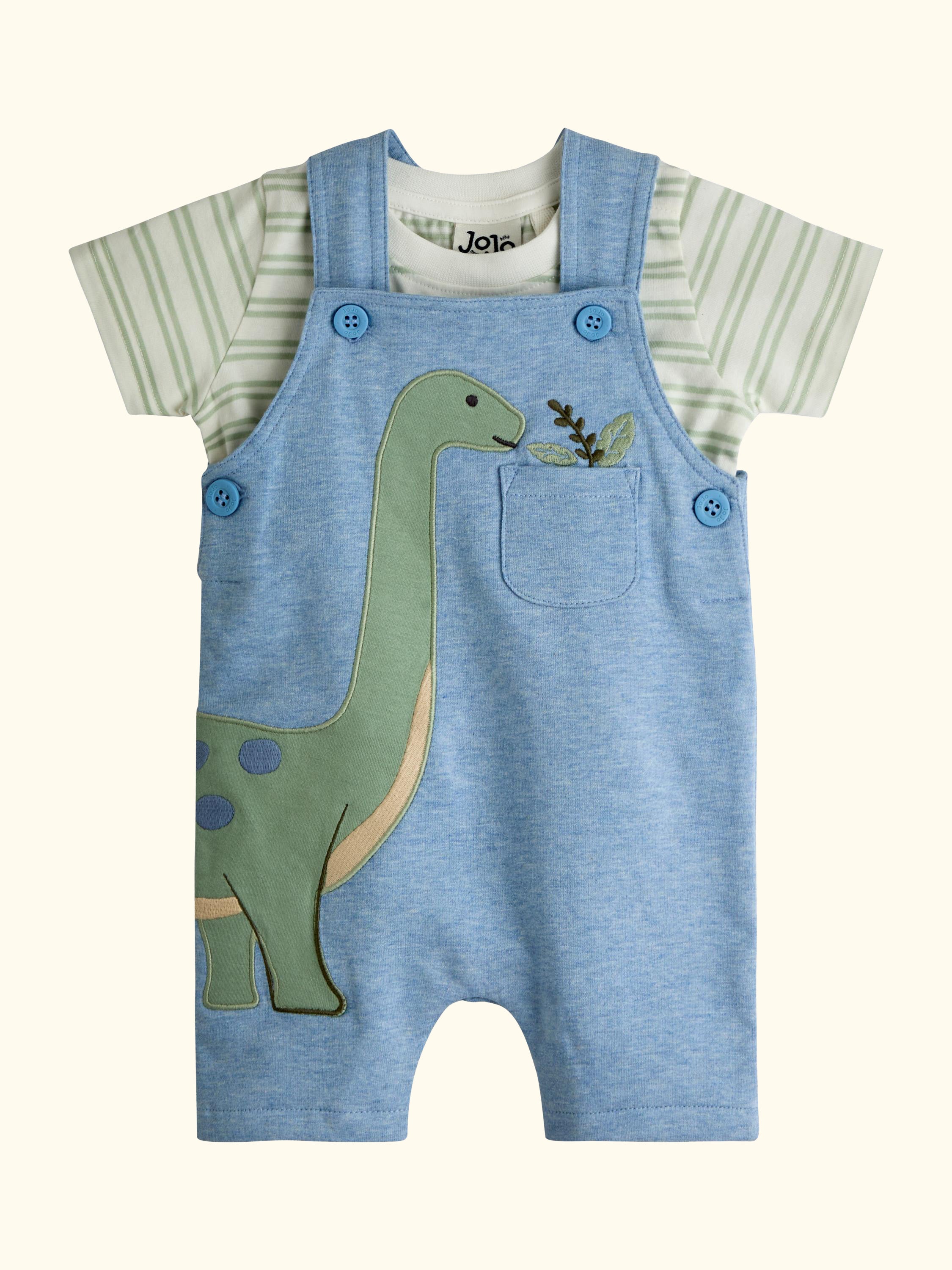 Baby Dino Top and Dungaree Set, Light Blue Marl