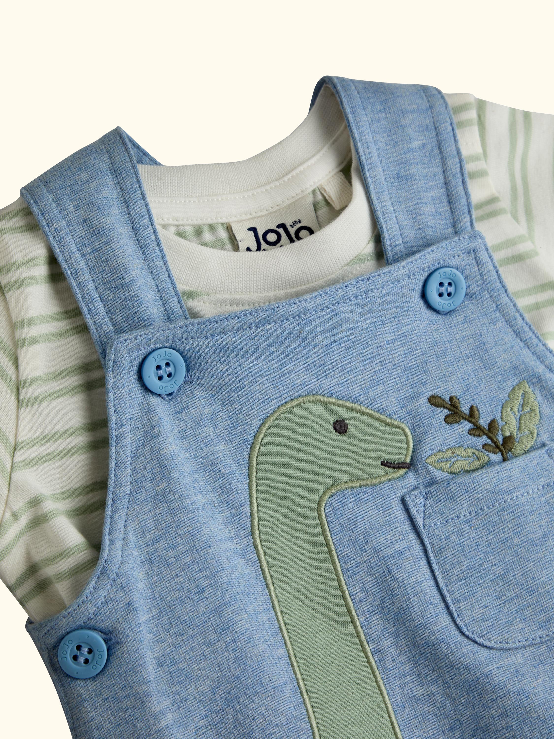 Baby Dino Top and Dungaree Set, Light Blue Marl