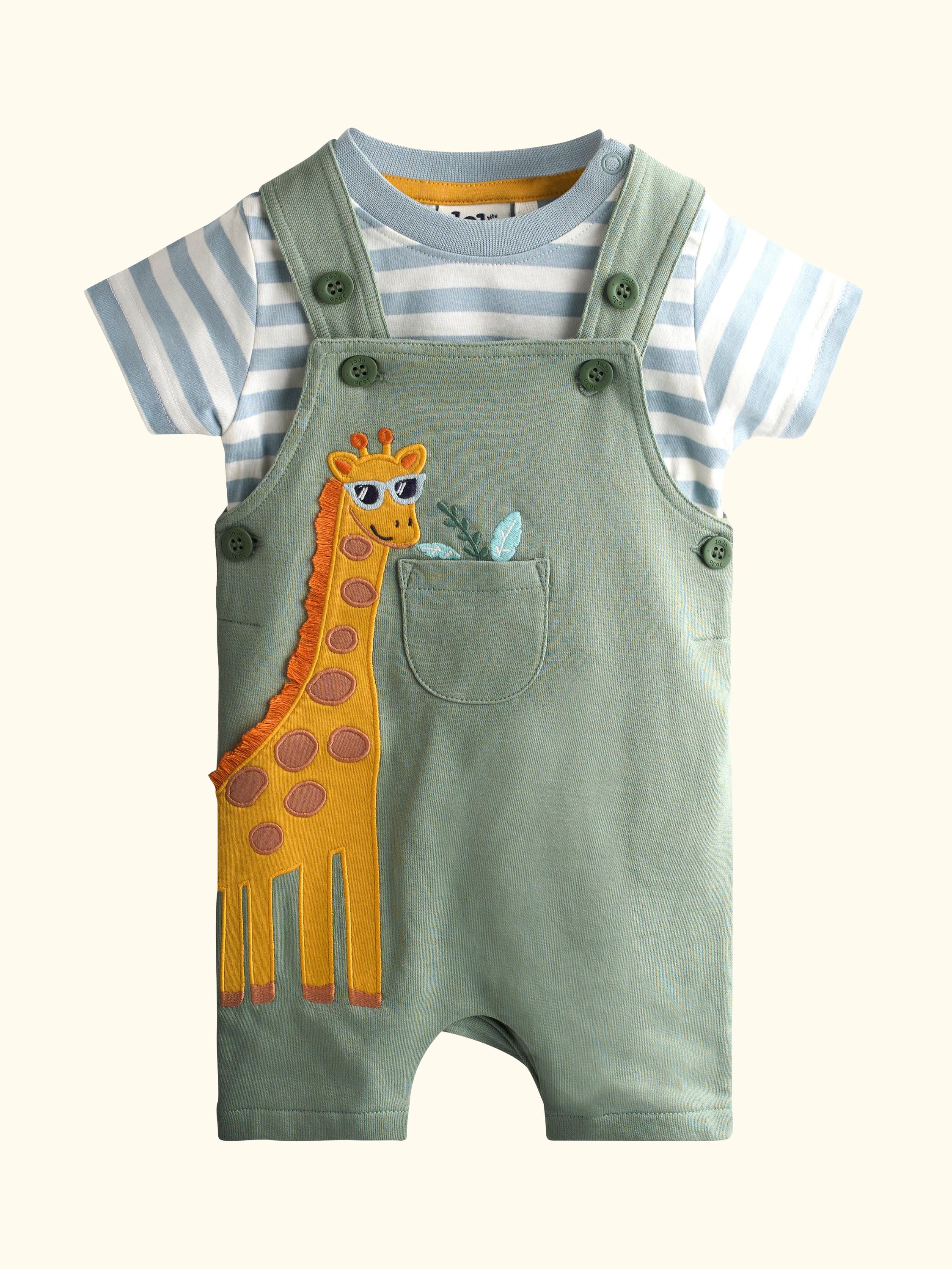 Baby Appliqué Dungarees and Stripe Top Set, Khaki Green