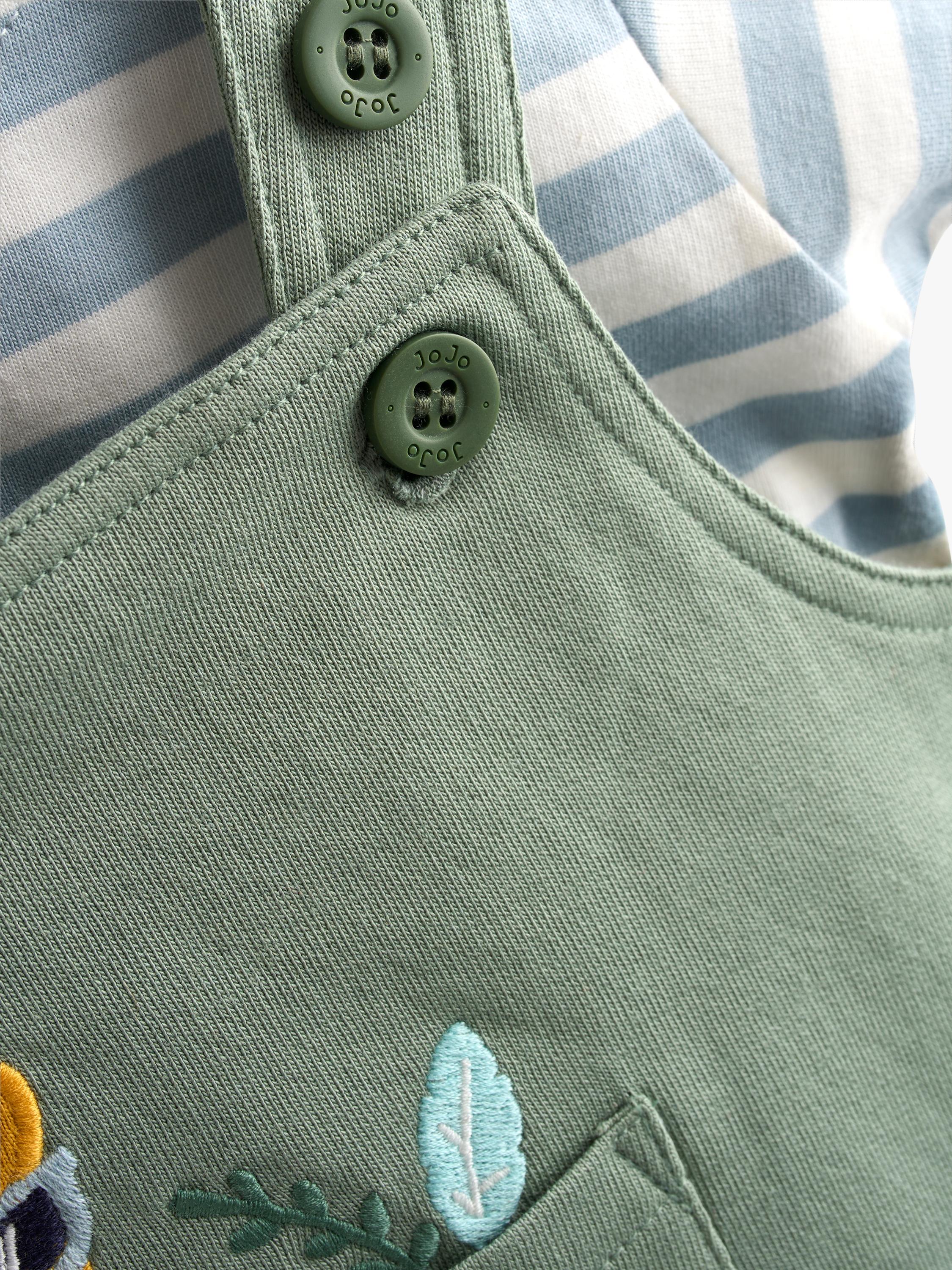 Baby Appliqué Dungarees and Stripe Top Set, Khaki Green