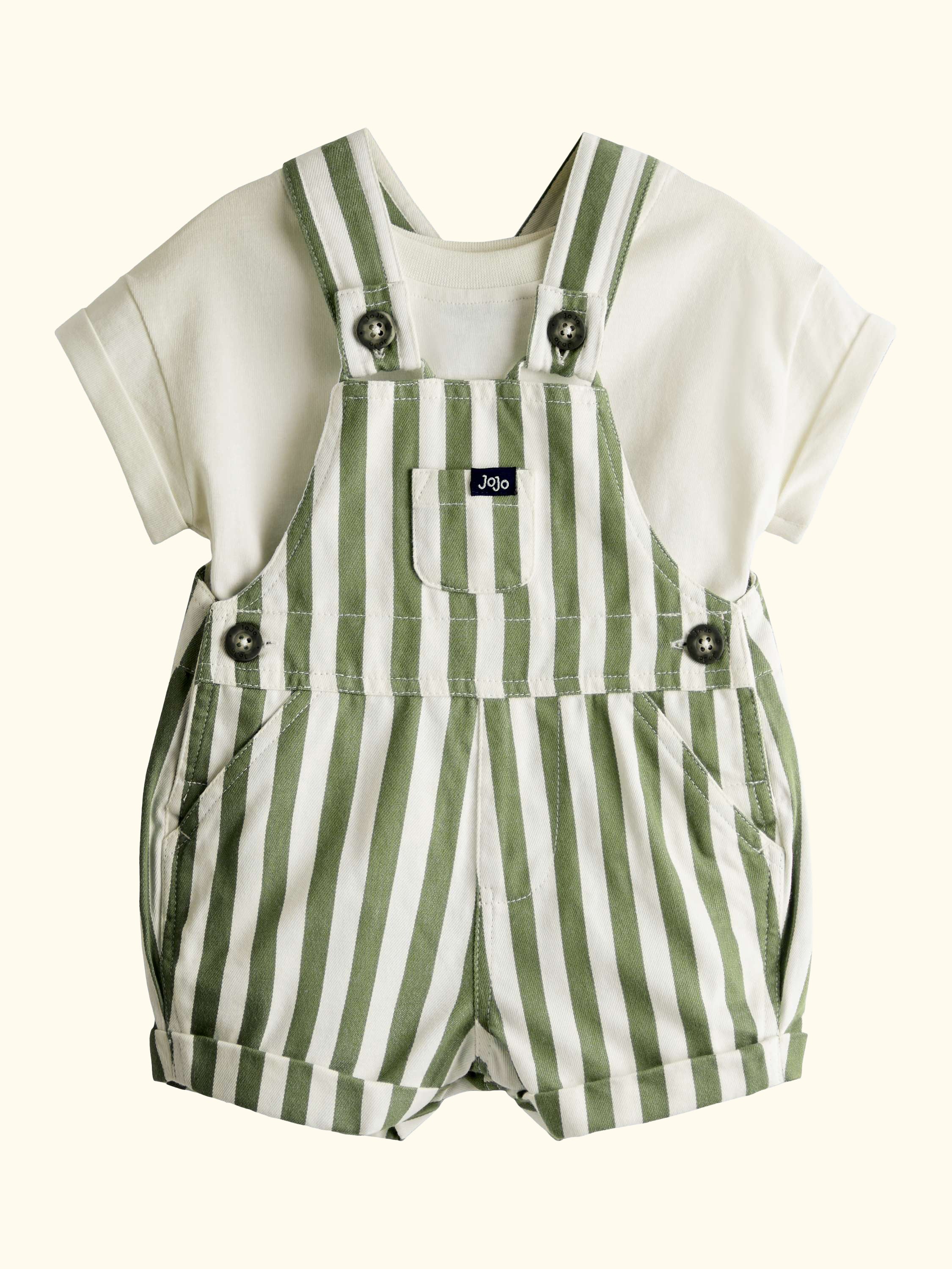 Baby Twill Stripe Dungarees & T-Shirt Set, Khaki Green