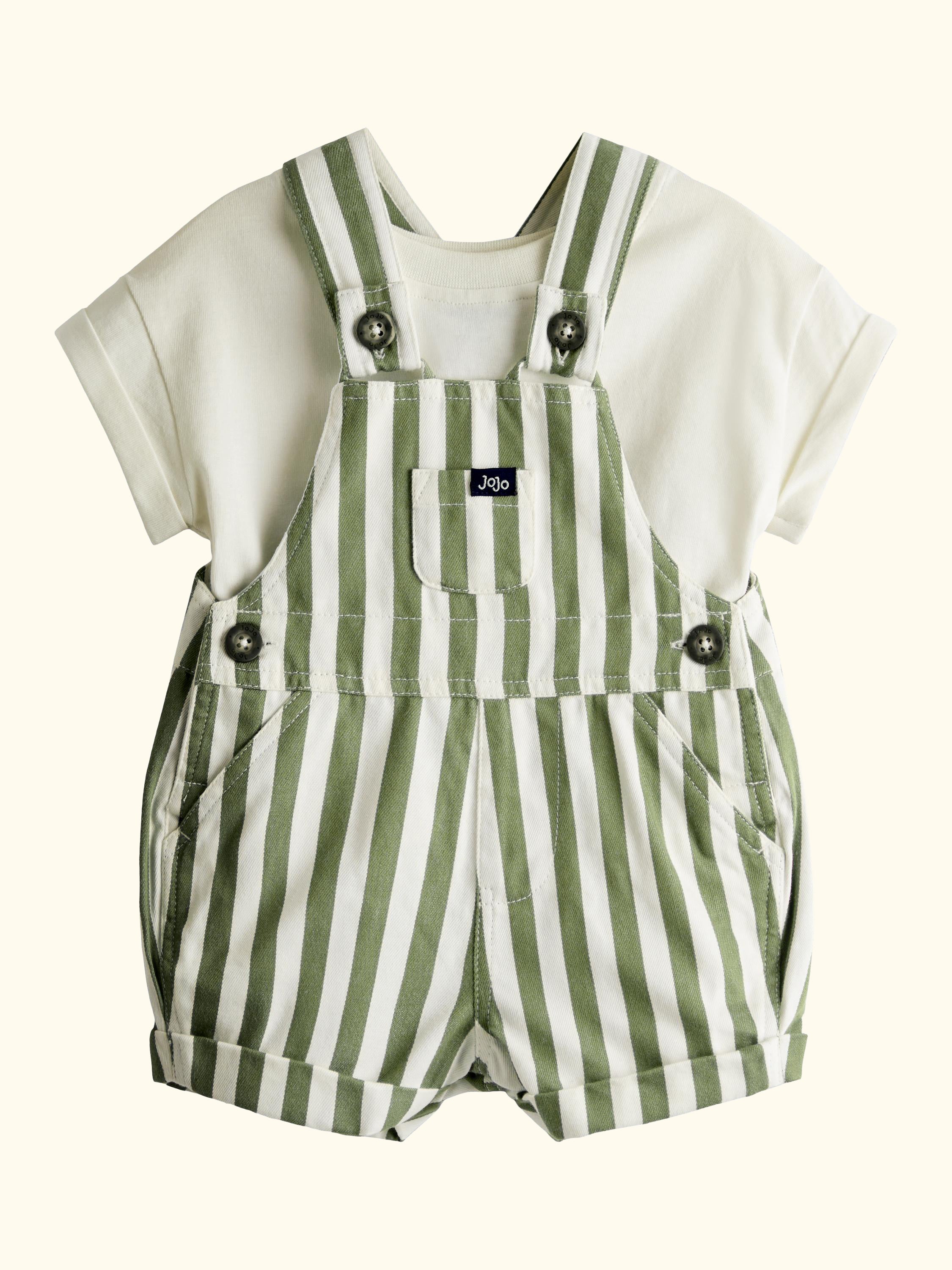 Baby Twill Stripe Dungarees & T-Shirt Set, Khaki Green