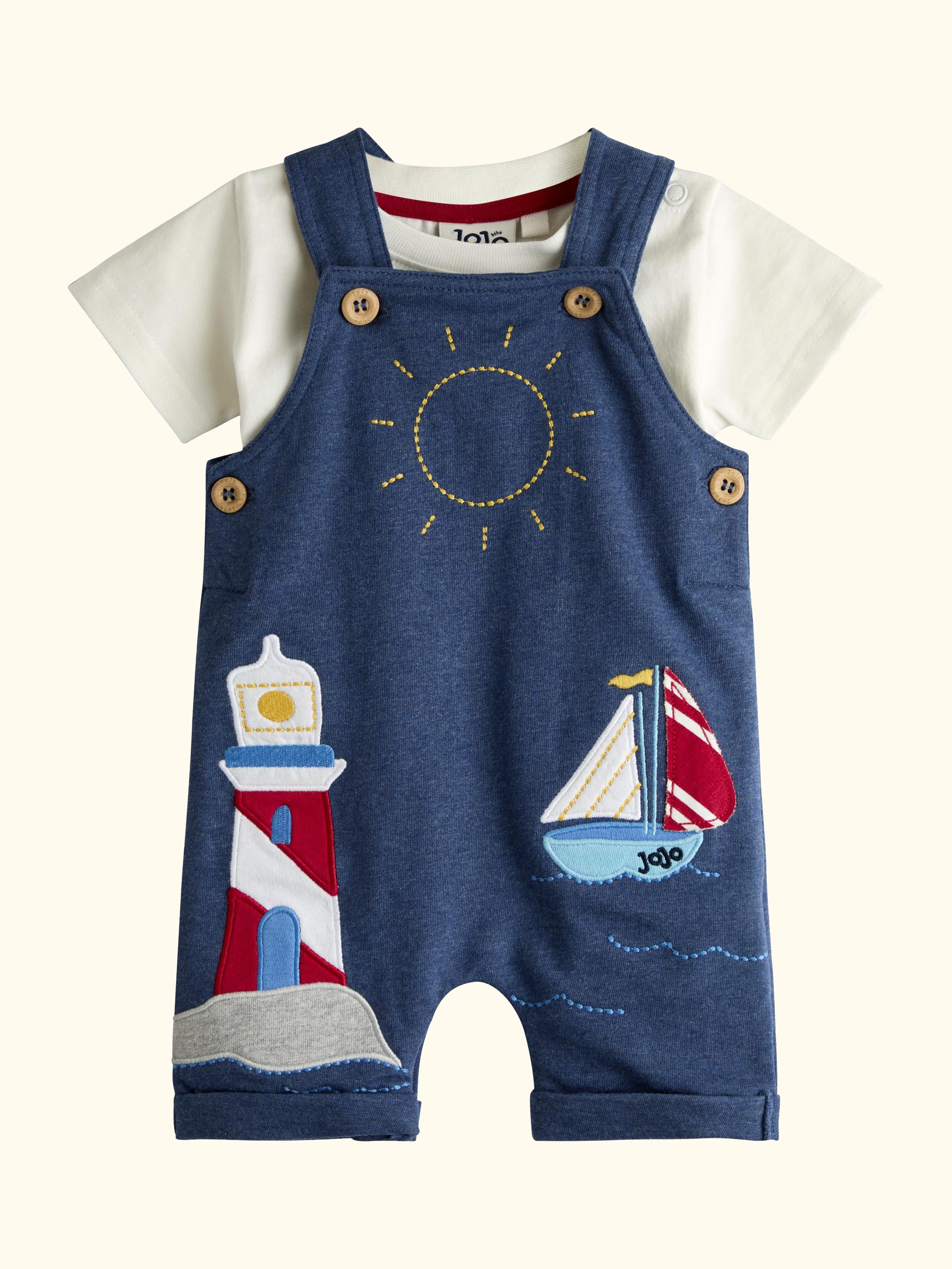 Baby Lighthouse and Sailboat Dungaree and T-Shirt Set, Denim Blue