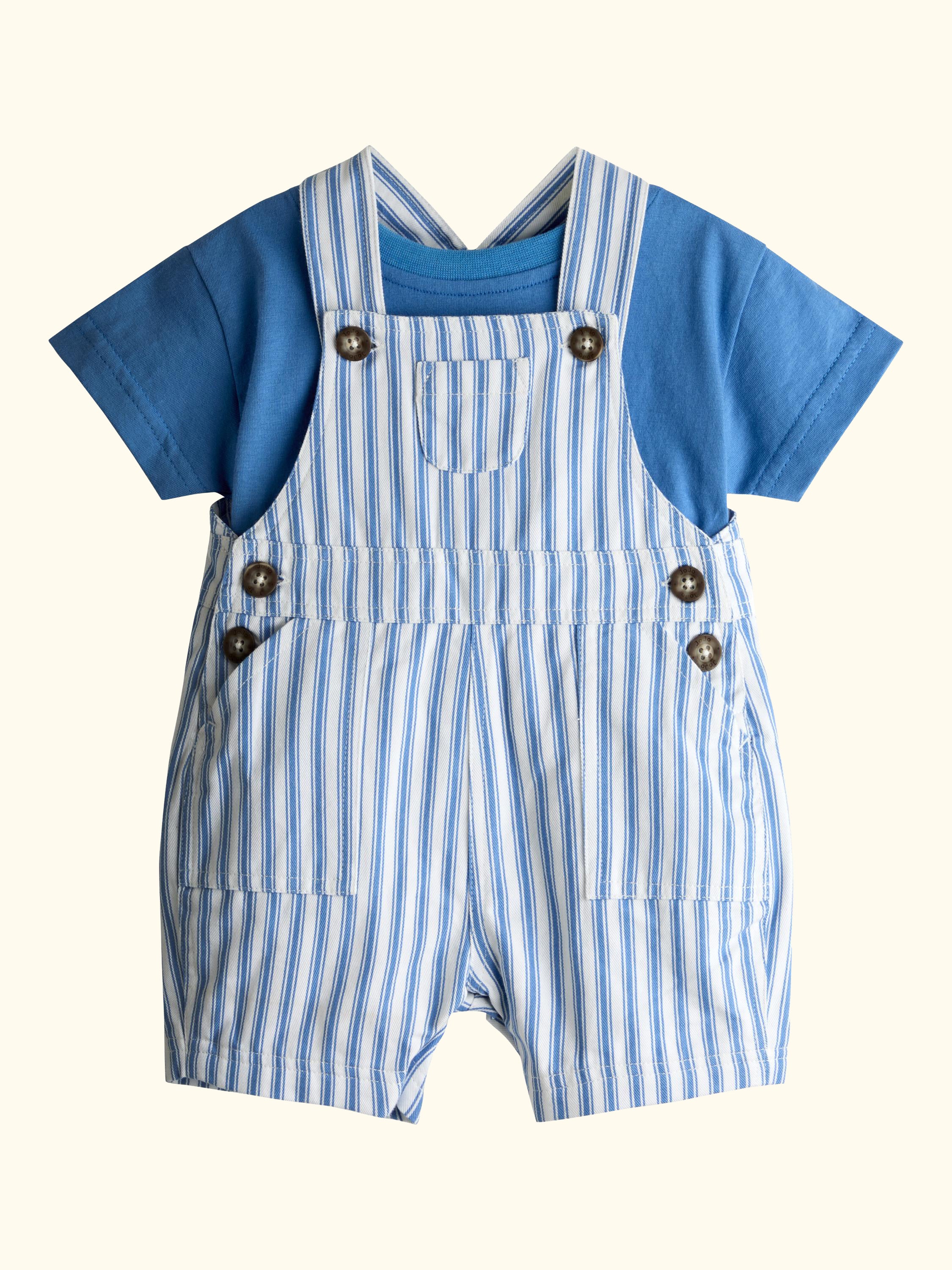 Baby Twill Stripe Dungarees and T-Shirt Set, Mid Blue