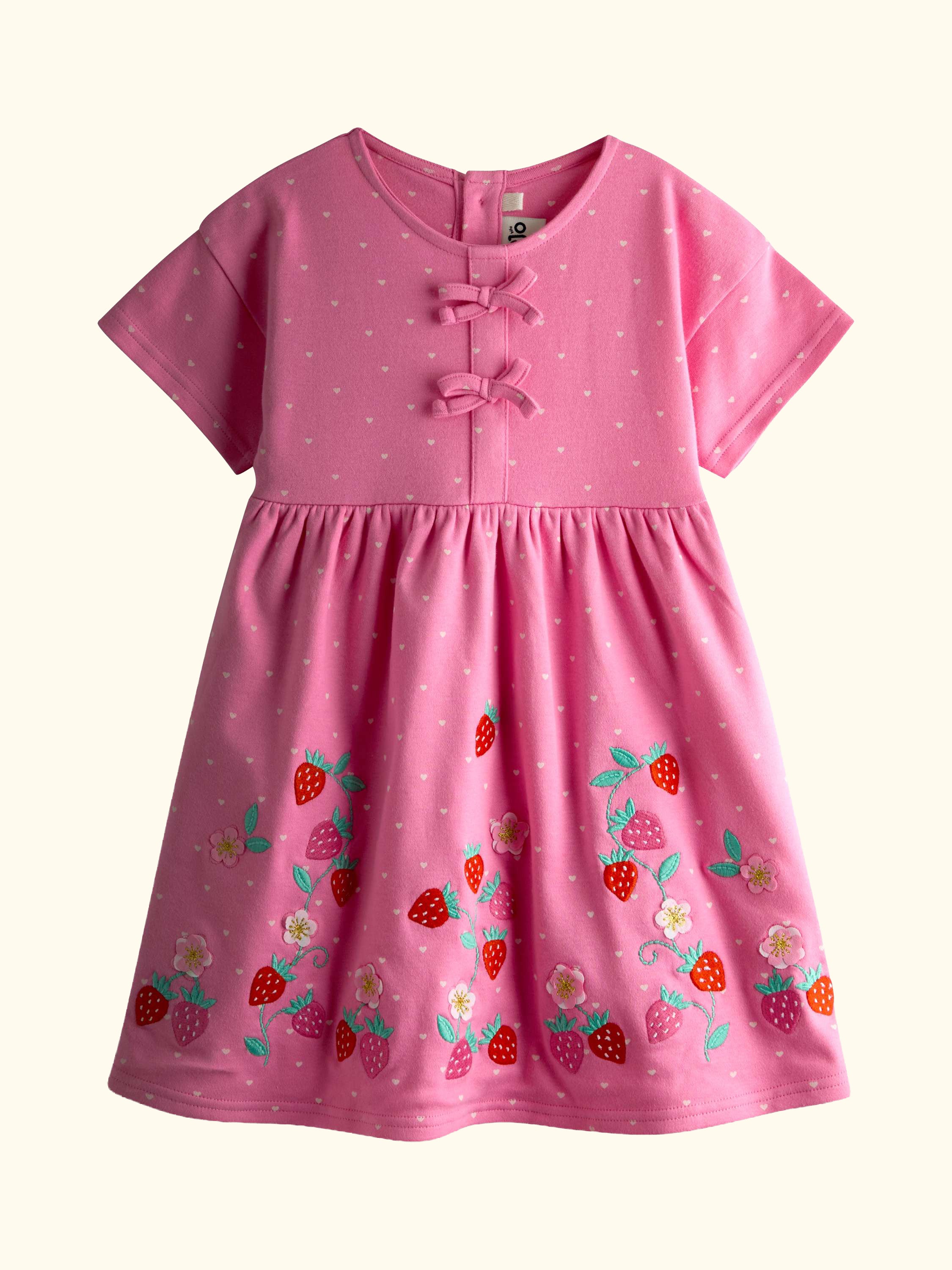 Kids' Strawberry Appliqué Bow Dress, Mid Pink