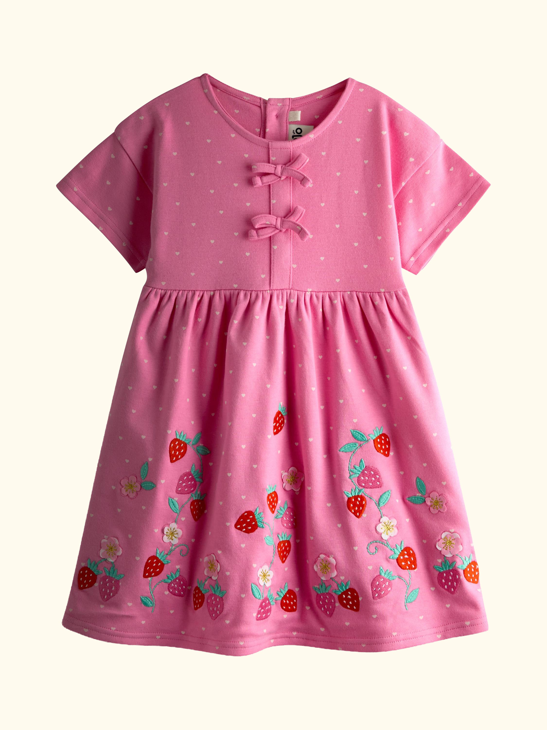 Kids' Strawberry Appliqué Bow Dress, Mid Pink