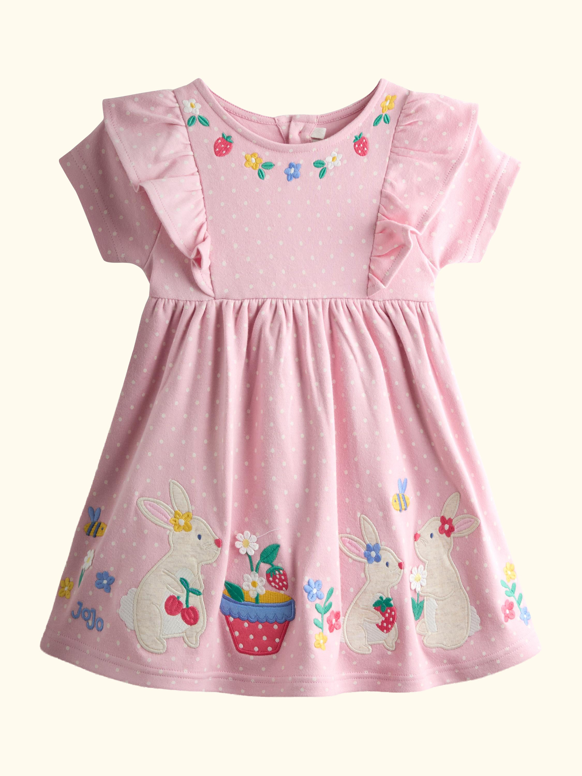 Kids' Bunny Appliqué Frill Shoulder Dress, Rose Pink