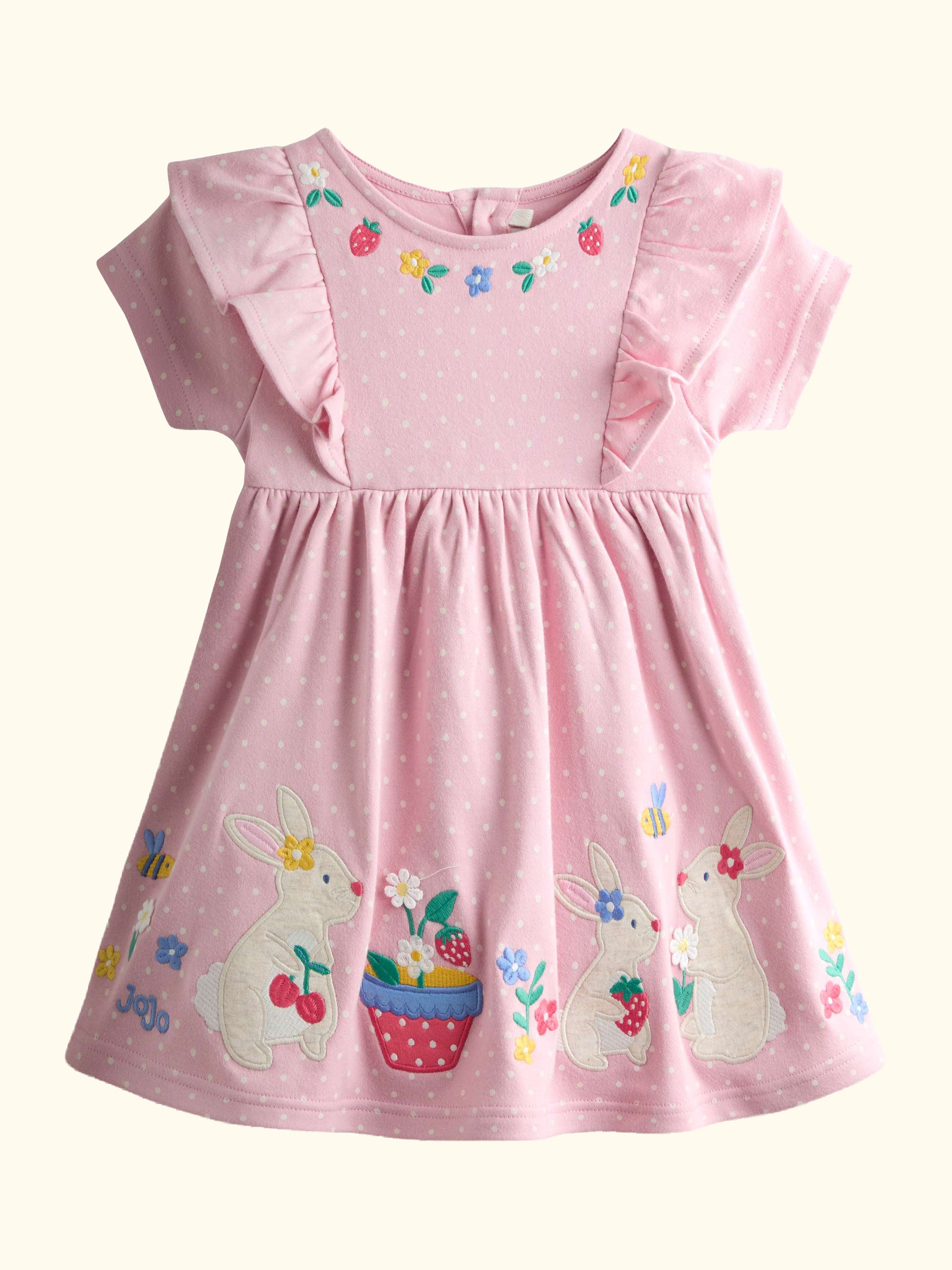 Kids' Bunny Appliqué Frill Shoulder Dress, Rose Pink