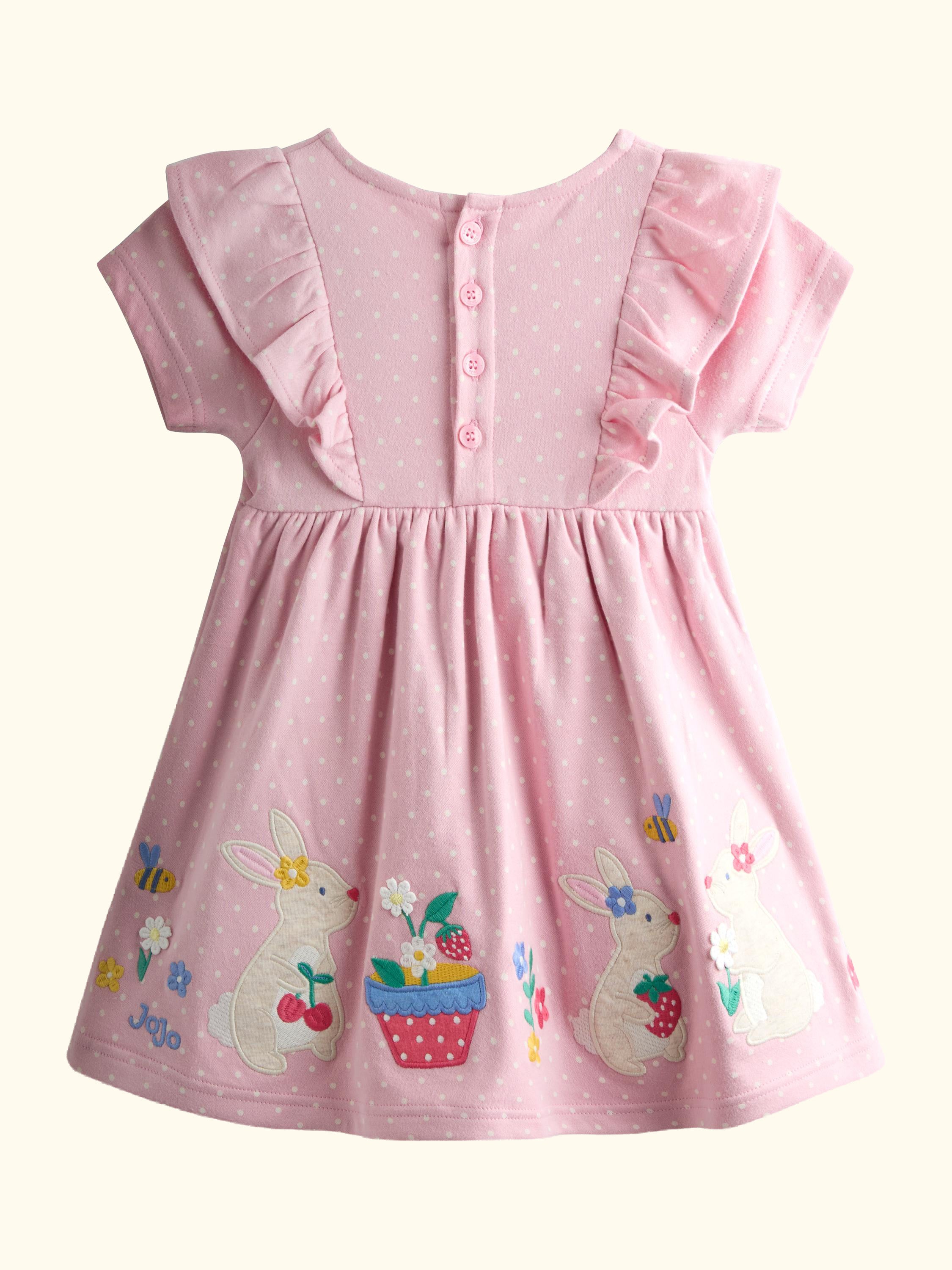 Kids' Bunny Appliqué Frill Shoulder Dress, Rose Pink