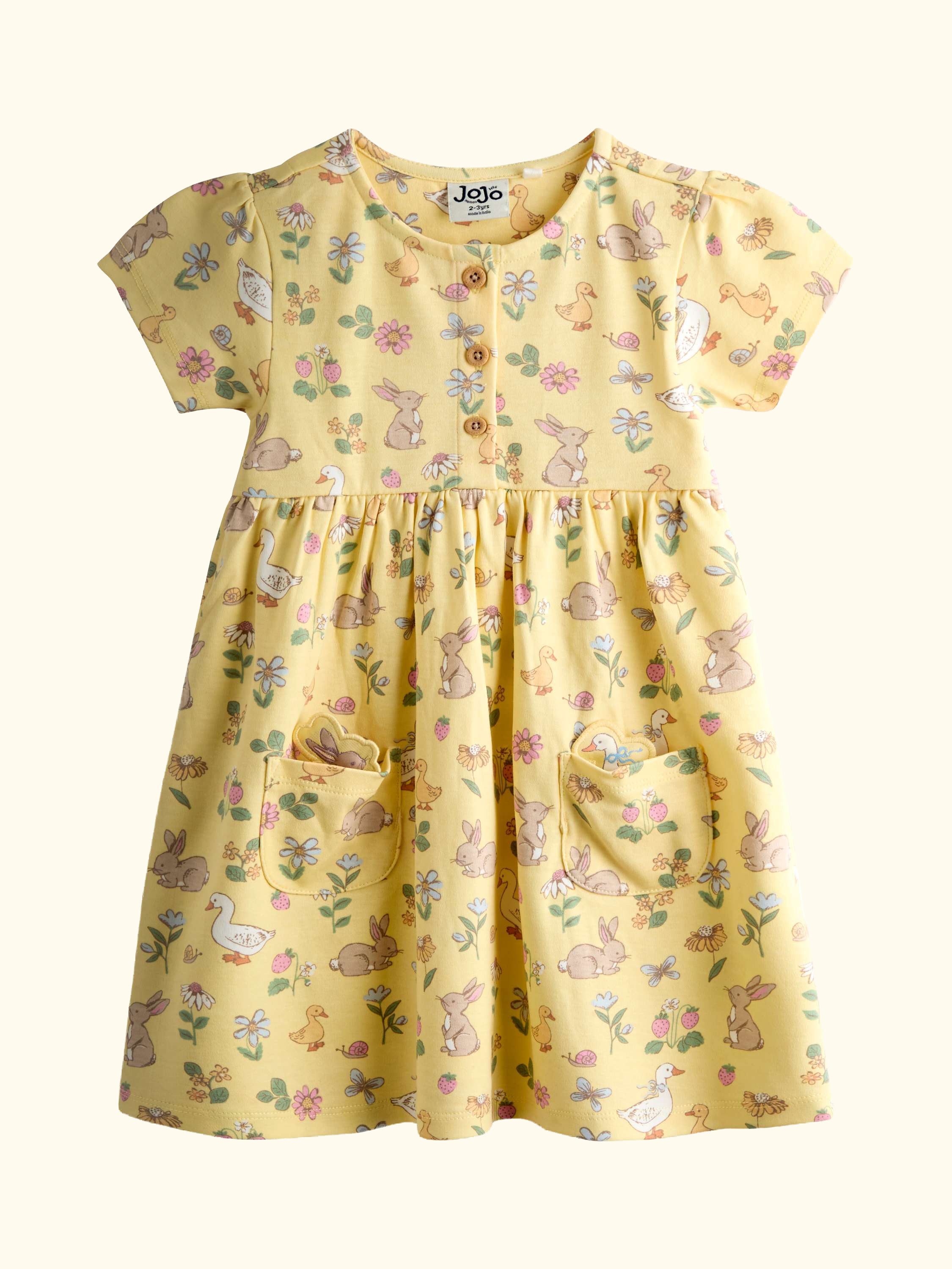 Kids' Bunny Print Button Down Dress, Light Yellow
