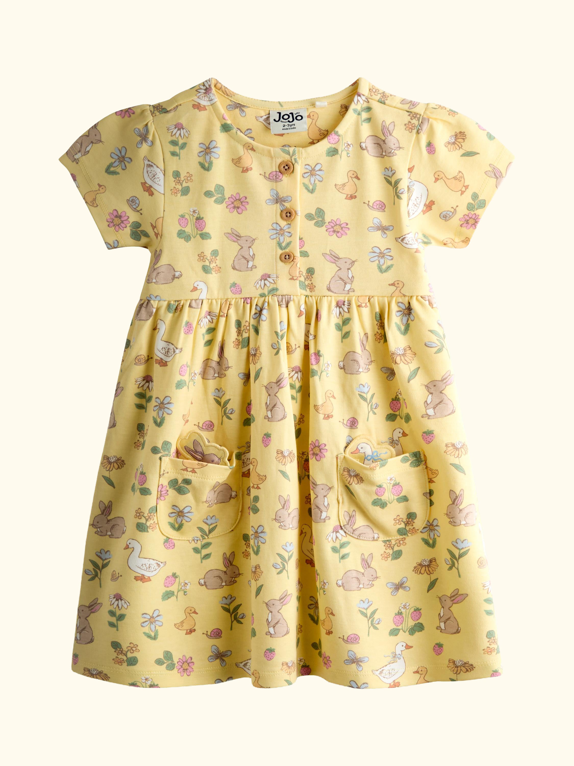 Kids' Bunny Print Button Down Dress, Light Yellow