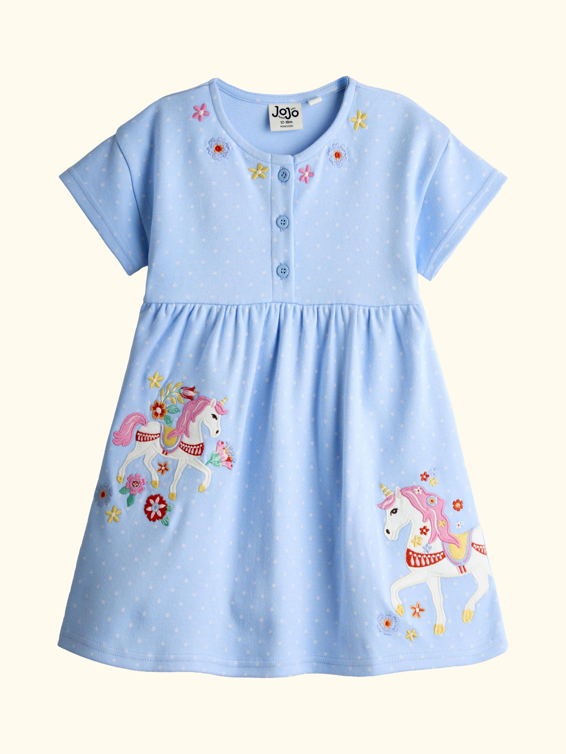 Kids' Unicorn Appliqué Button Front Dress, Cobalt