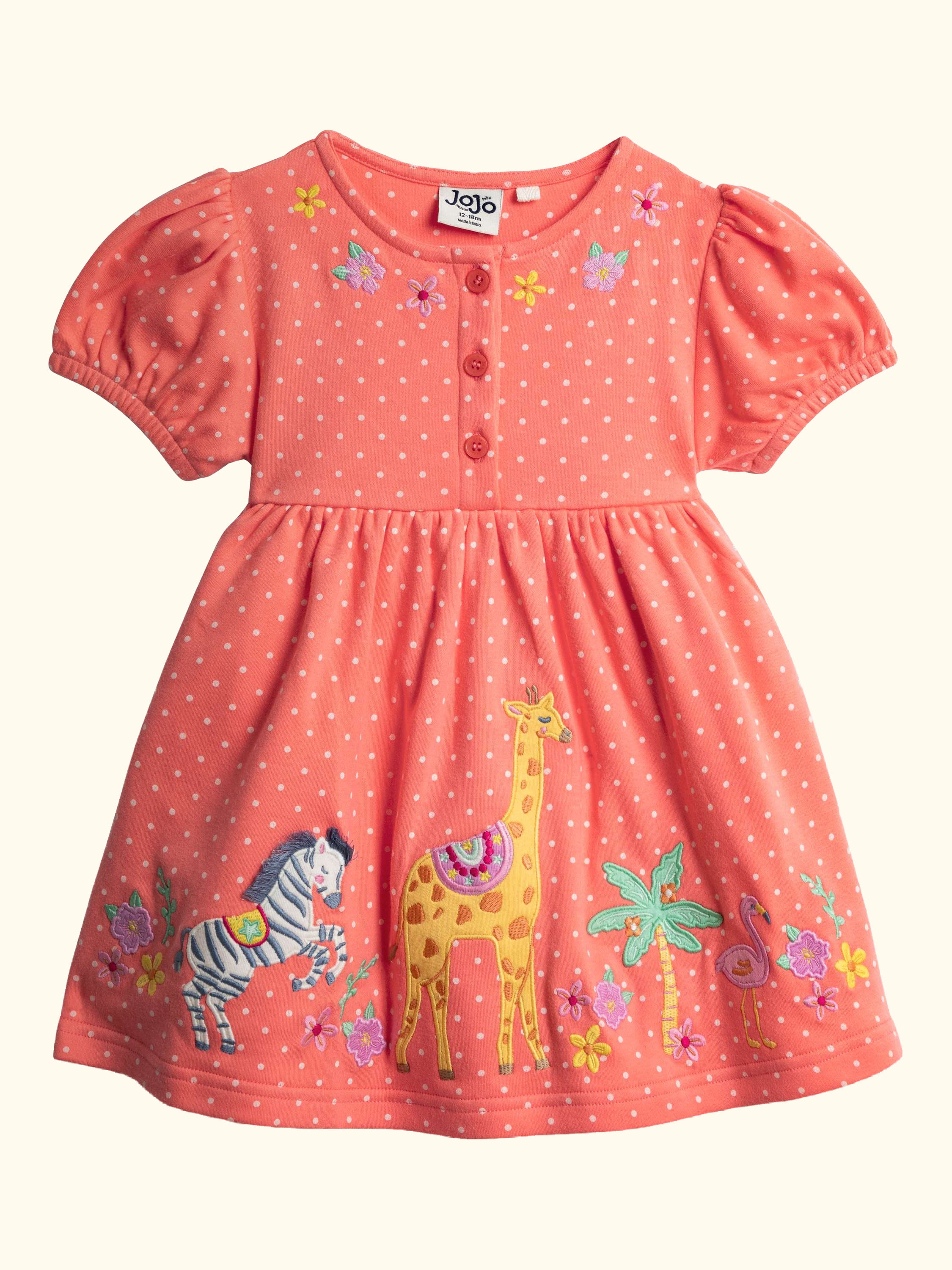 Kids' Button Front Safari Applique Dress, Peach