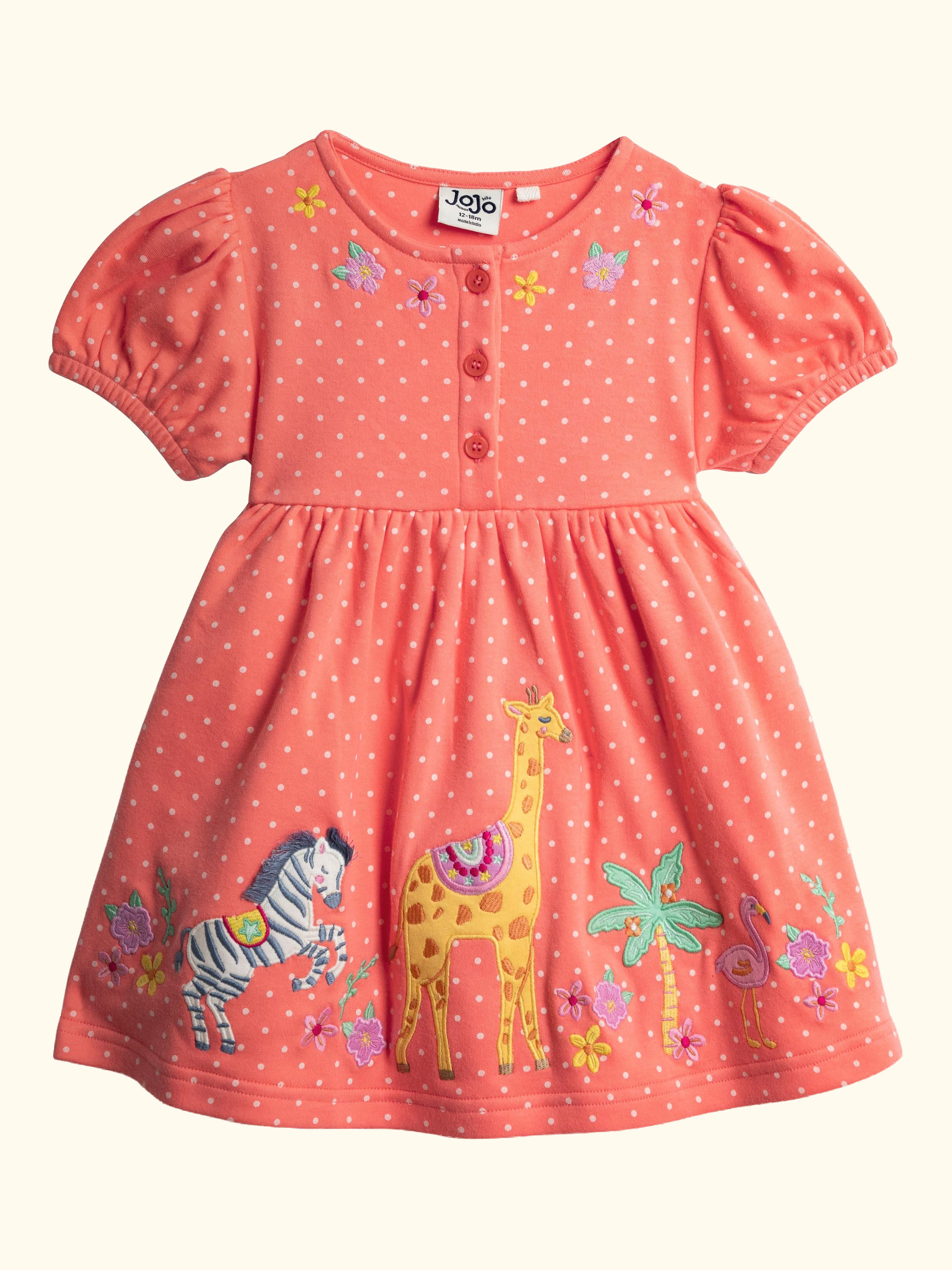 Kids' Button Front Safari Applique Dress, Peach