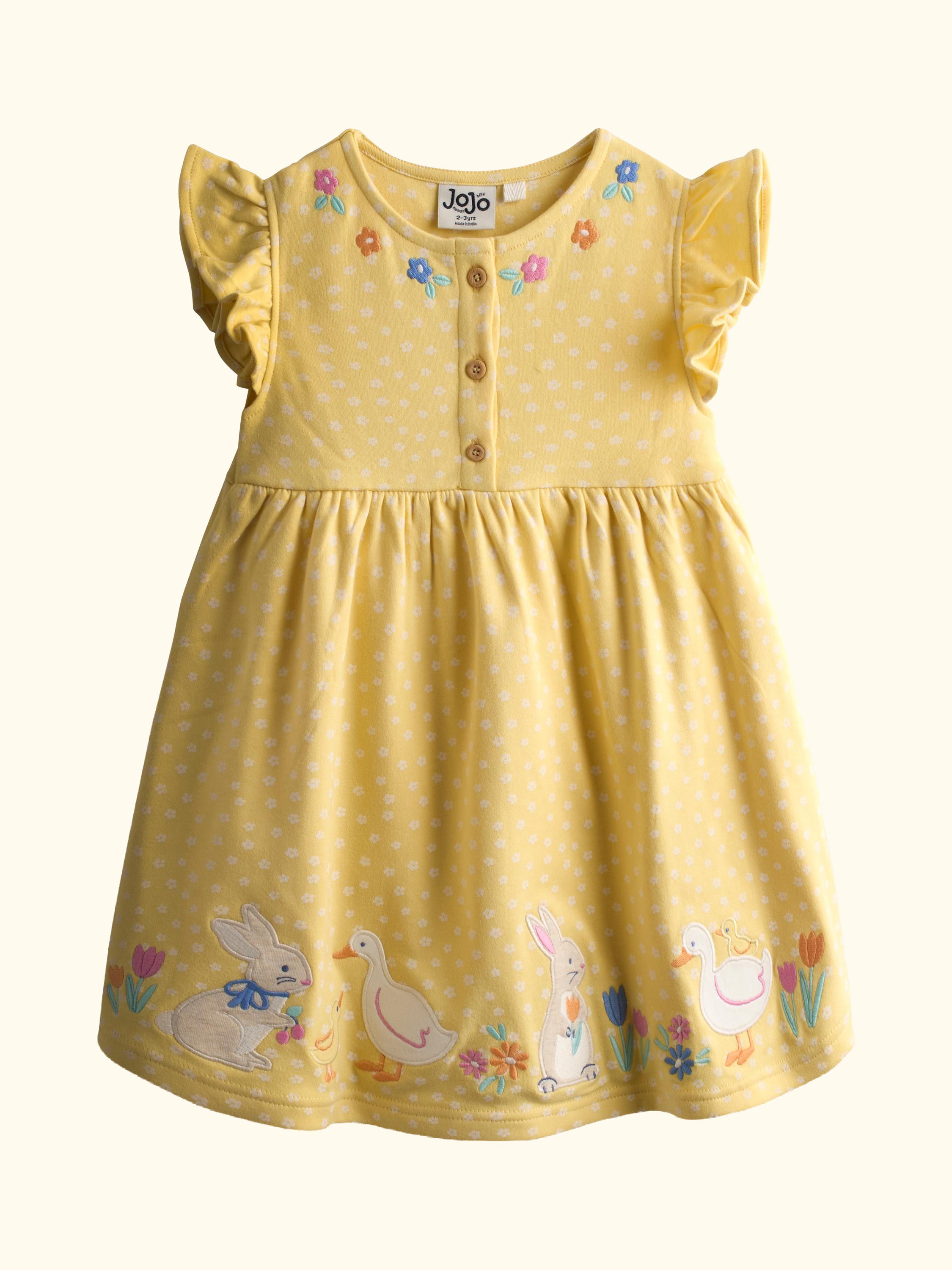 Kids' Appliqué Button Front Dress, Mid Yellow