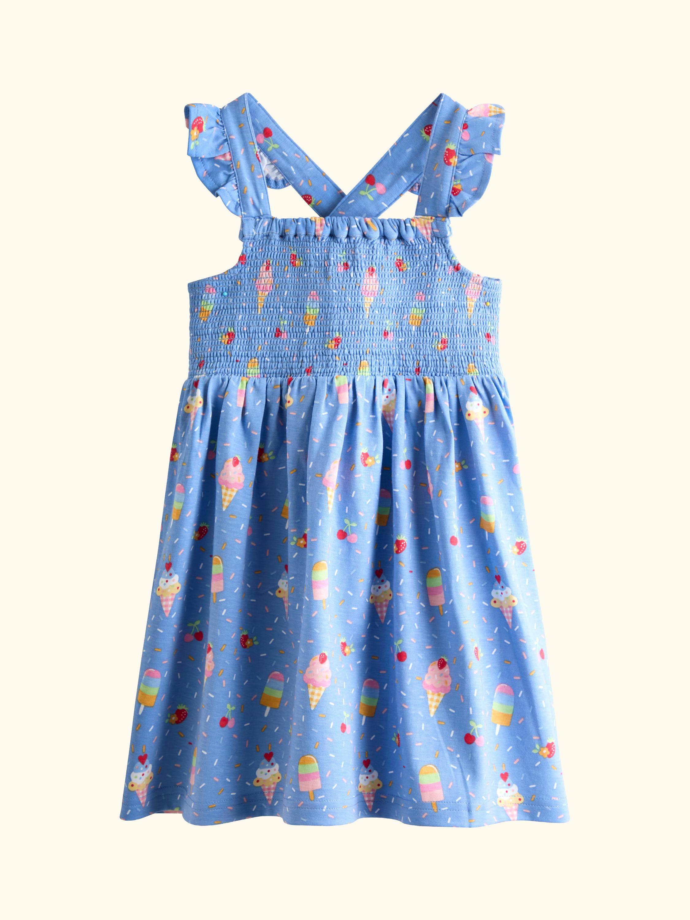 Kids' Frill Sleeve Ice Cream Print Dress, Cobalt Blue