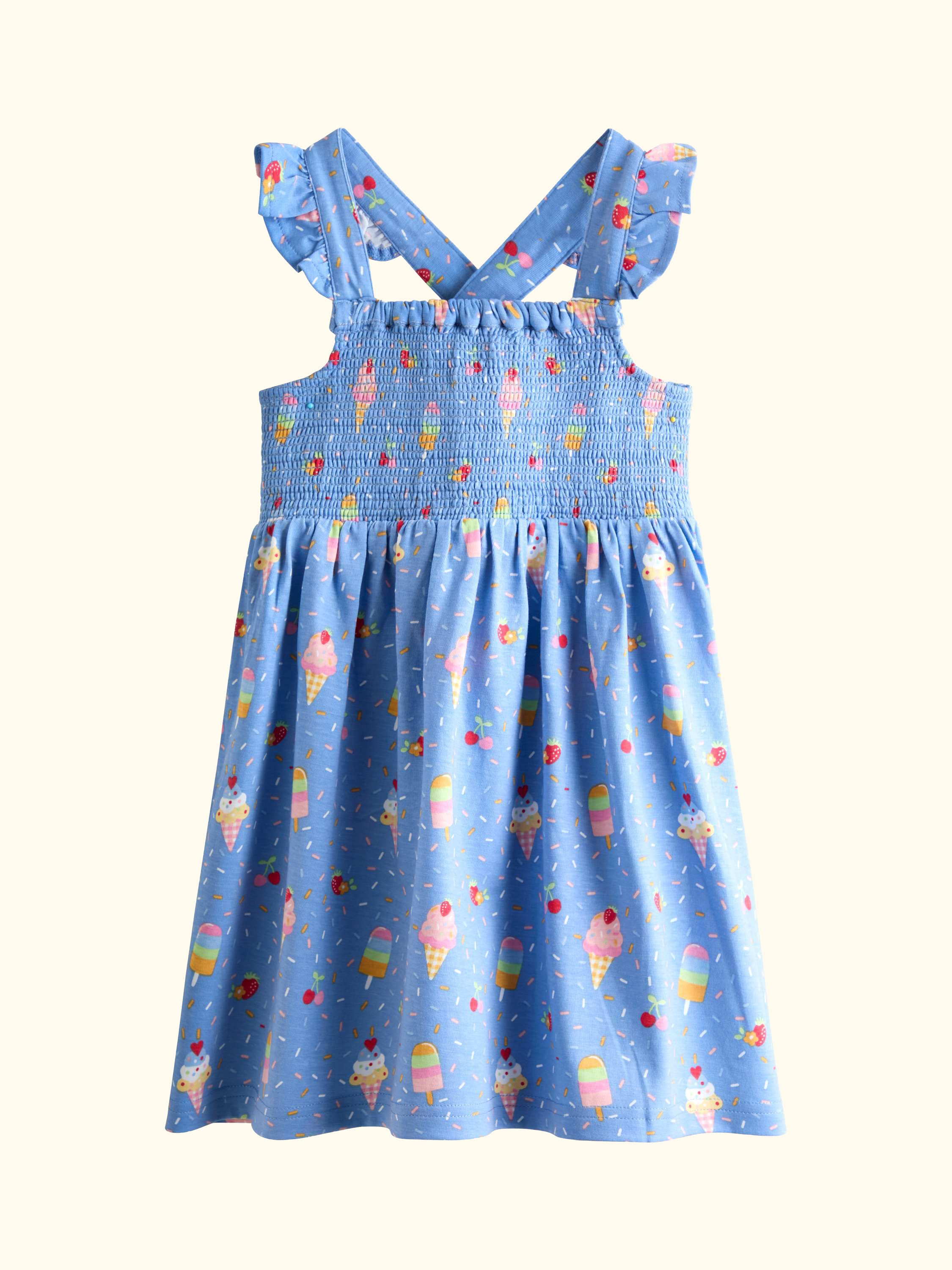 Kids' Frill Sleeve Ice Cream Print Dress, Cobalt Blue