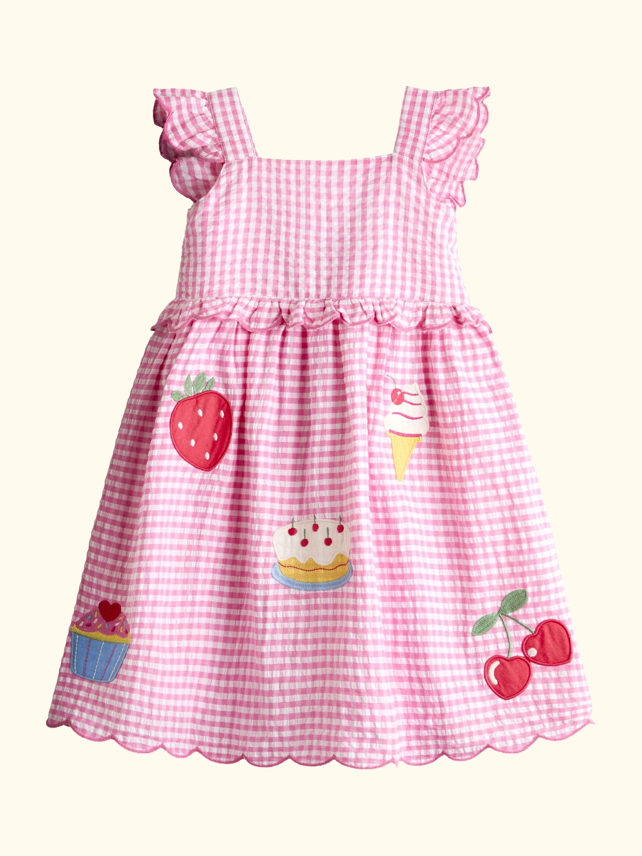 Kids' Picnic Applique Gingham Cross Back Dress, Mid Pink