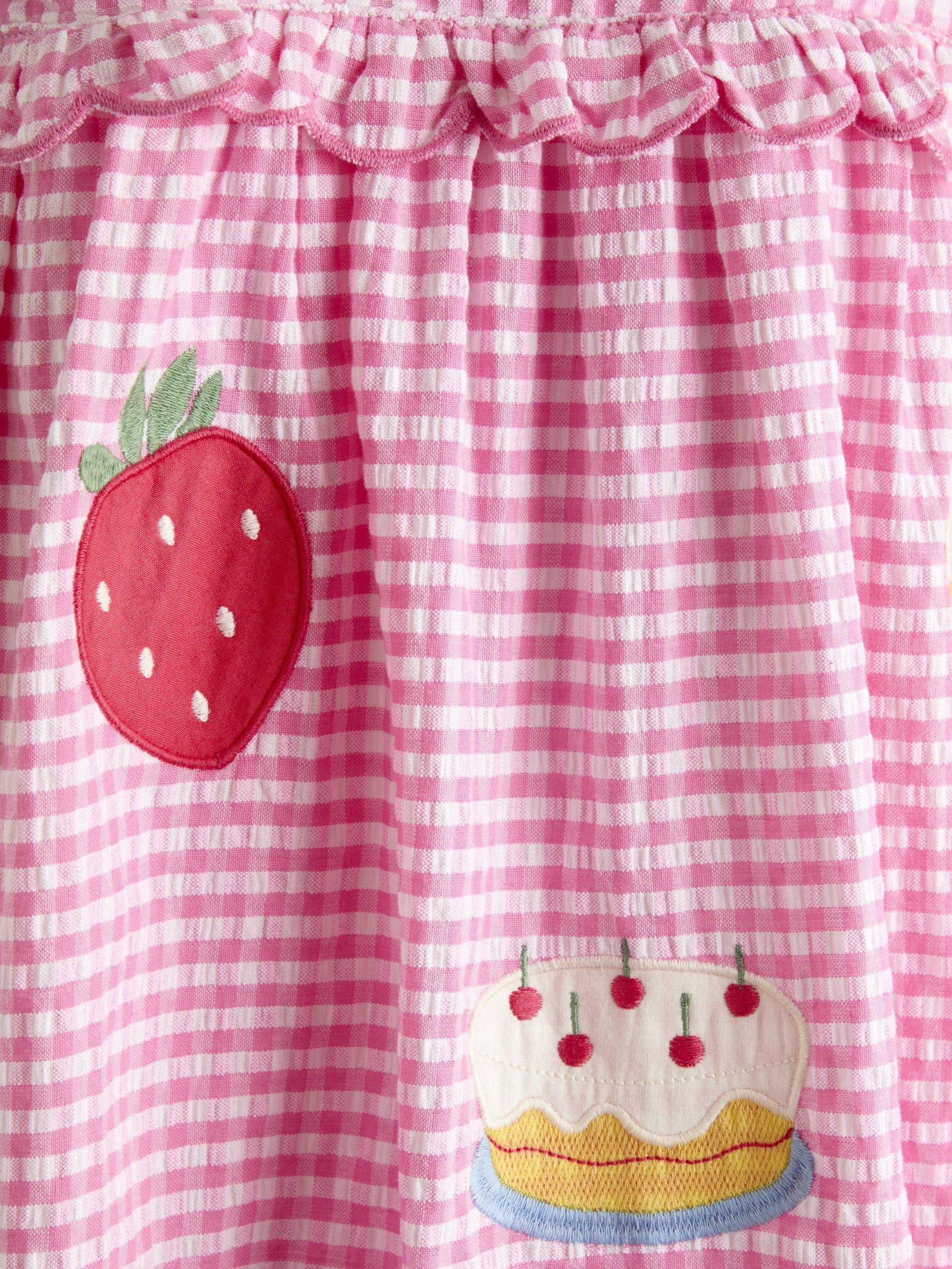 Kids' Picnic Applique Gingham Cross Back Dress, Mid Pink