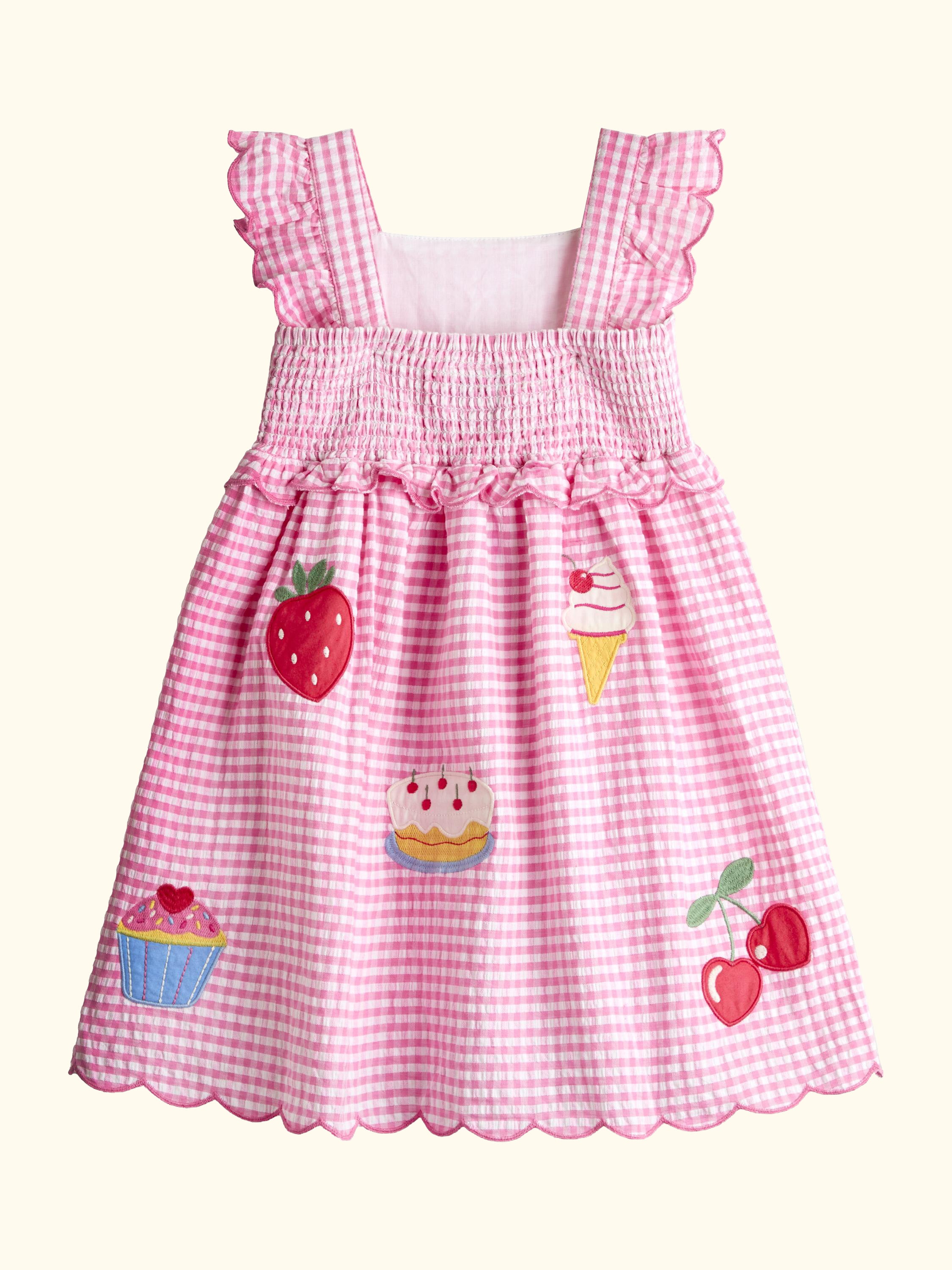 Kids' Picnic Applique Gingham Cross Back Dress, Mid Pink