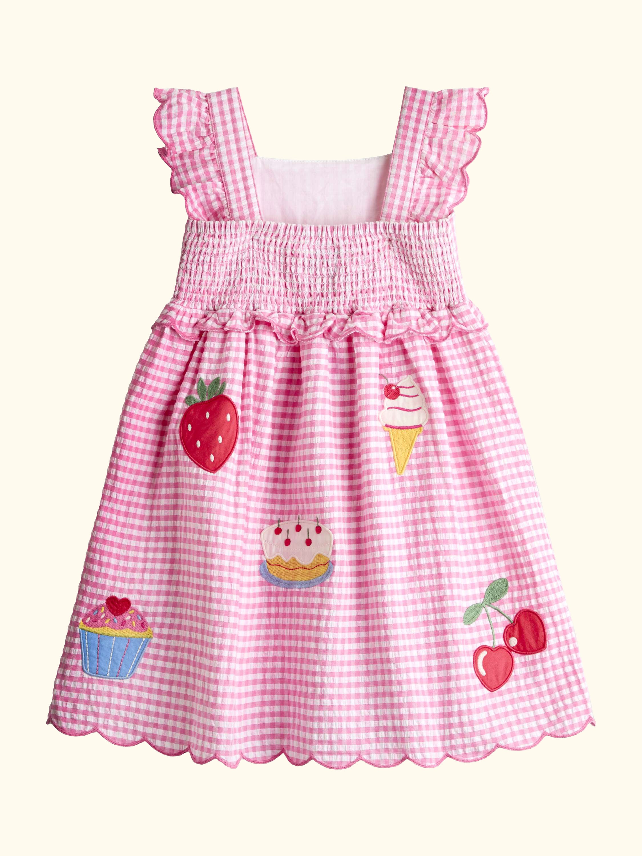 Kids' Picnic Applique Gingham Cross Back Dress, Mid Pink