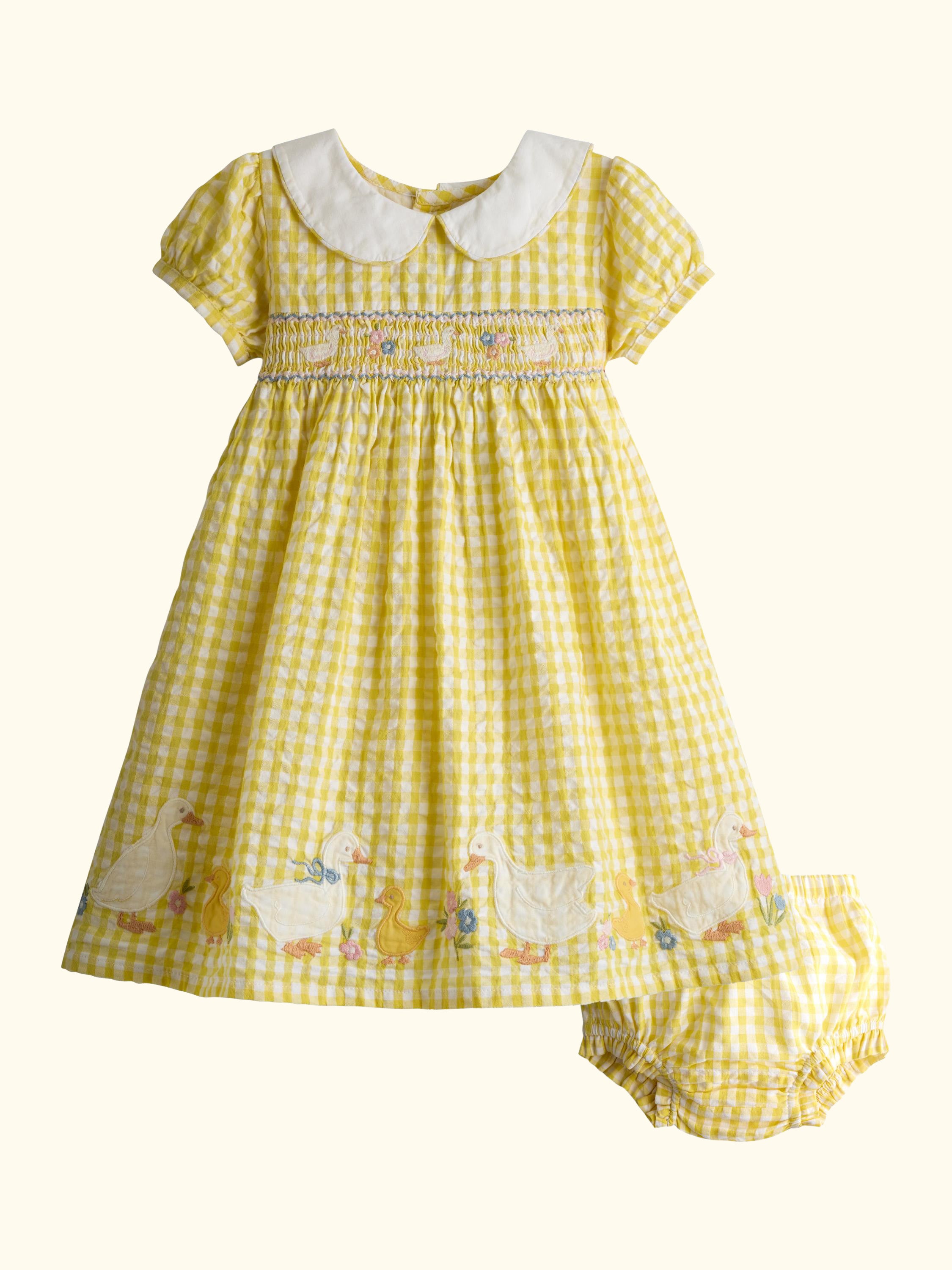 Kids' Smocked Puff Sleeve Duck Applique Dress Set, Light Yellow