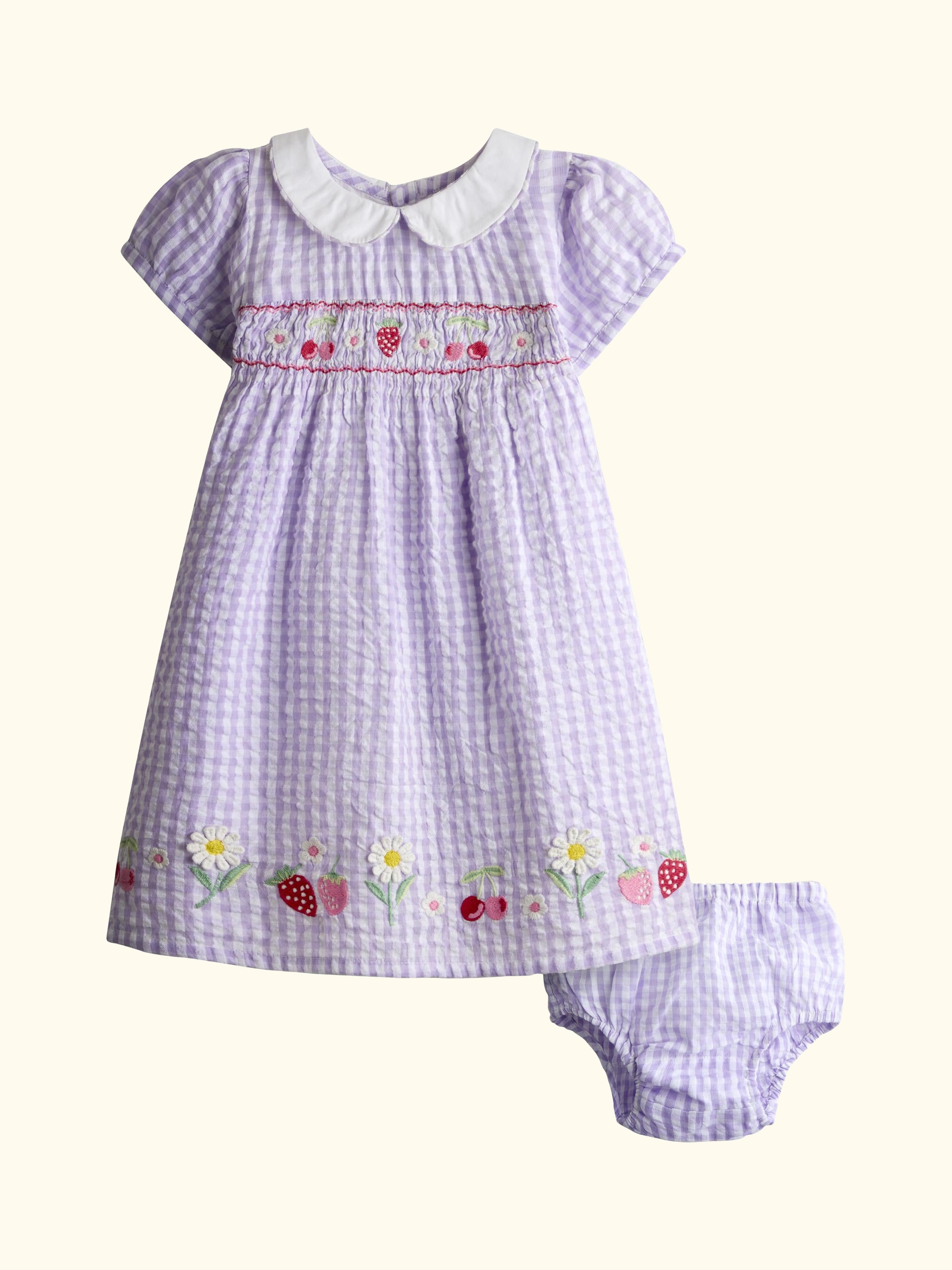 Kids' Seersucker Embroidered Hem Smock Dress, Lilac