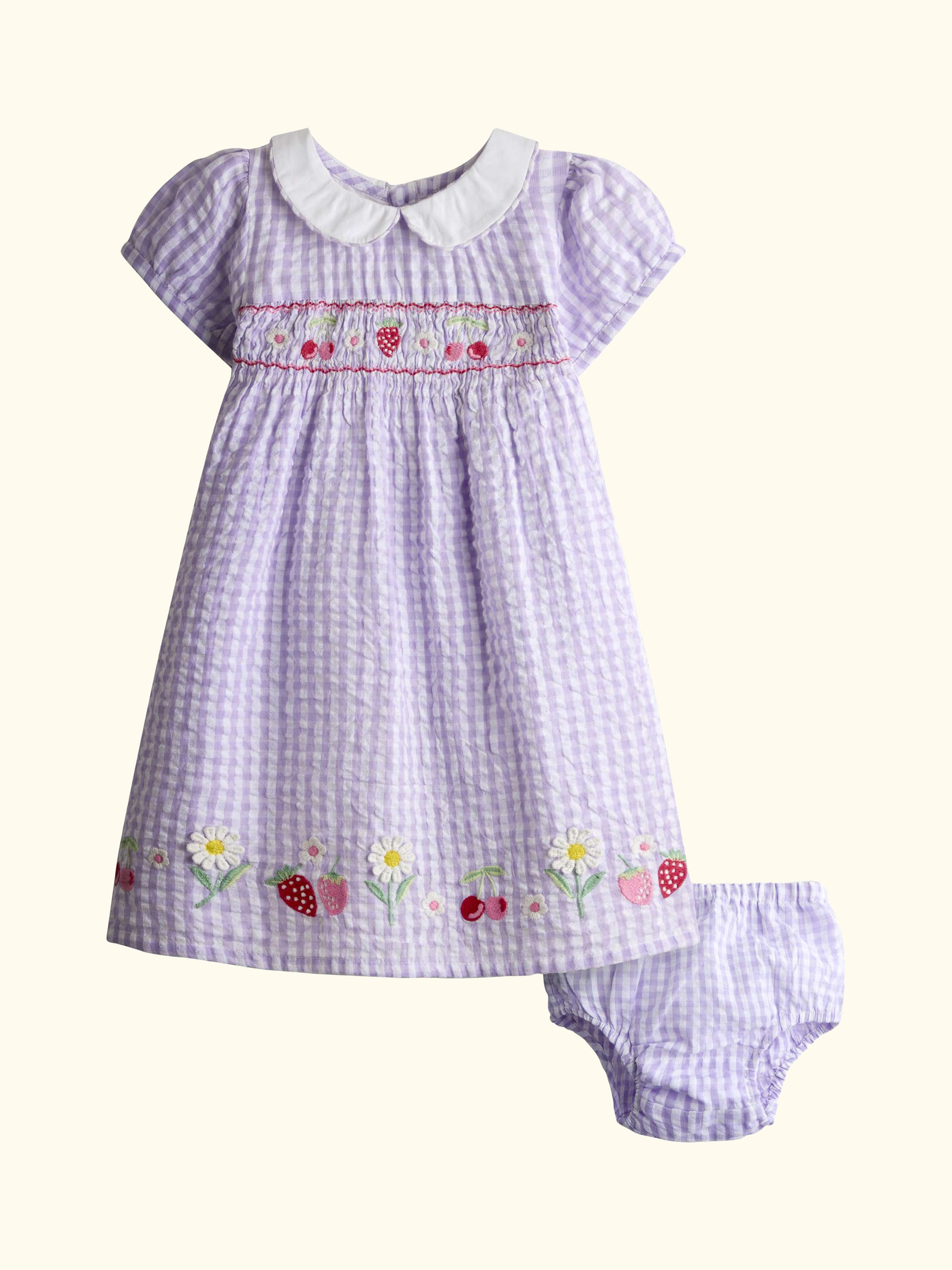 Kids' Seersucker Embroidered Hem Smock Dress, Lilac