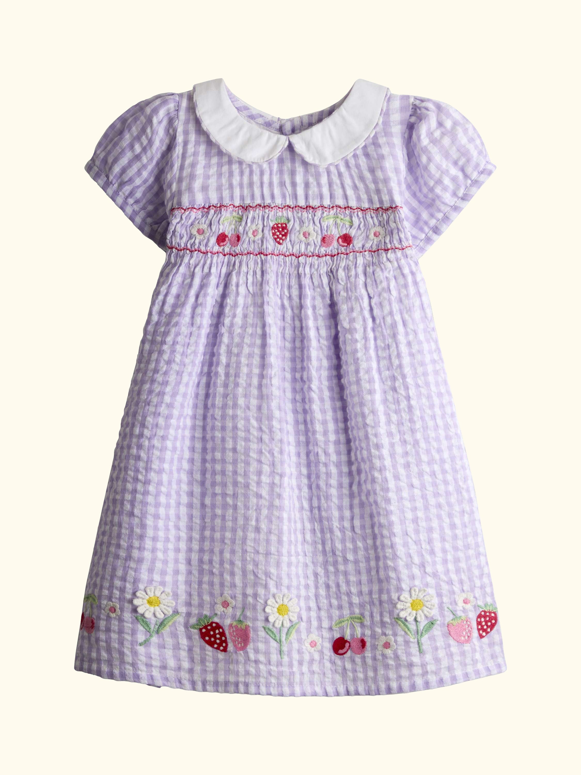 Kids' Seersucker Embroidered Hem Smock Dress, Lilac