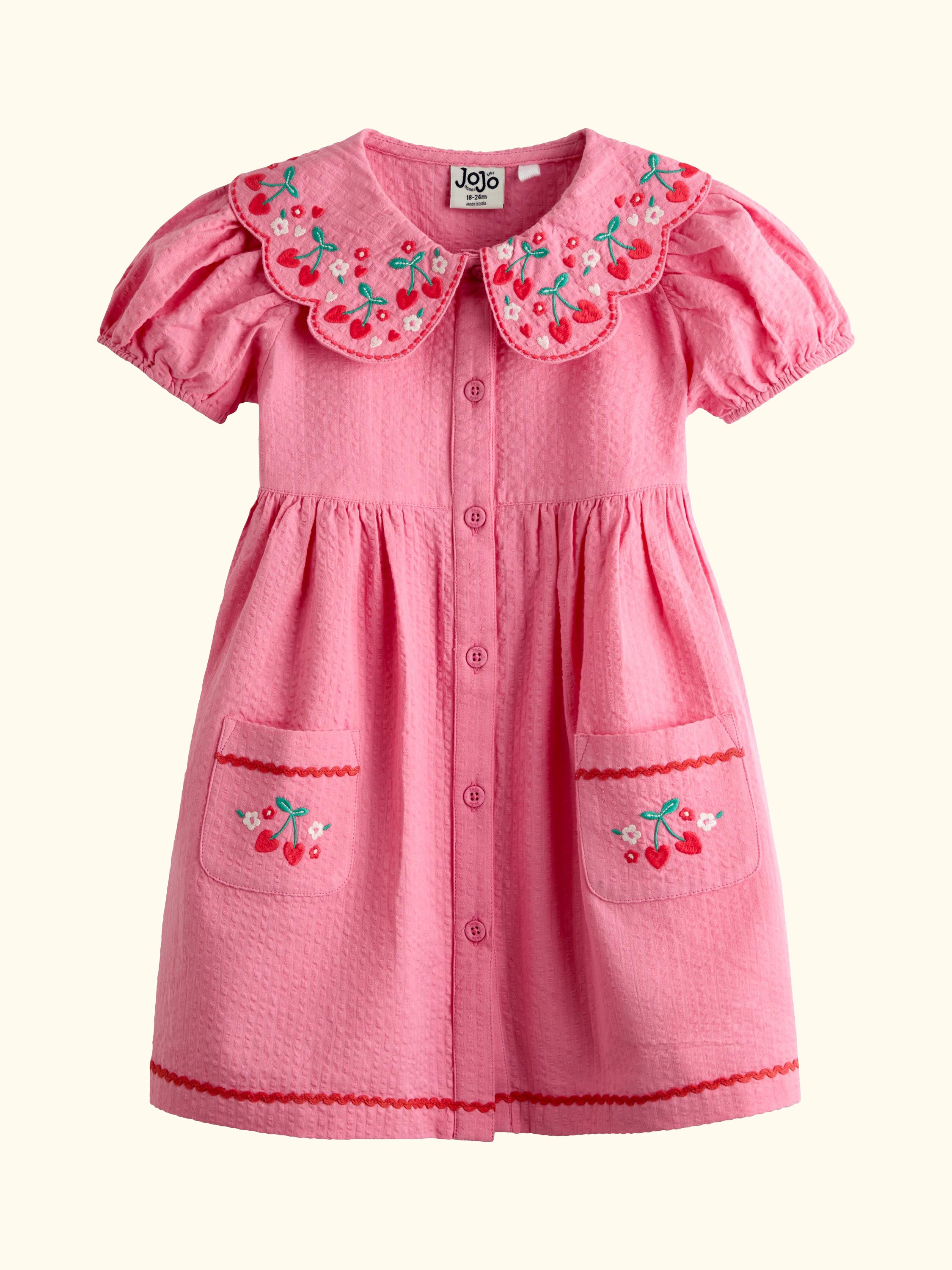 Kids' Embroidered Puff Sleeve Seersucker Dress, Bright Pink