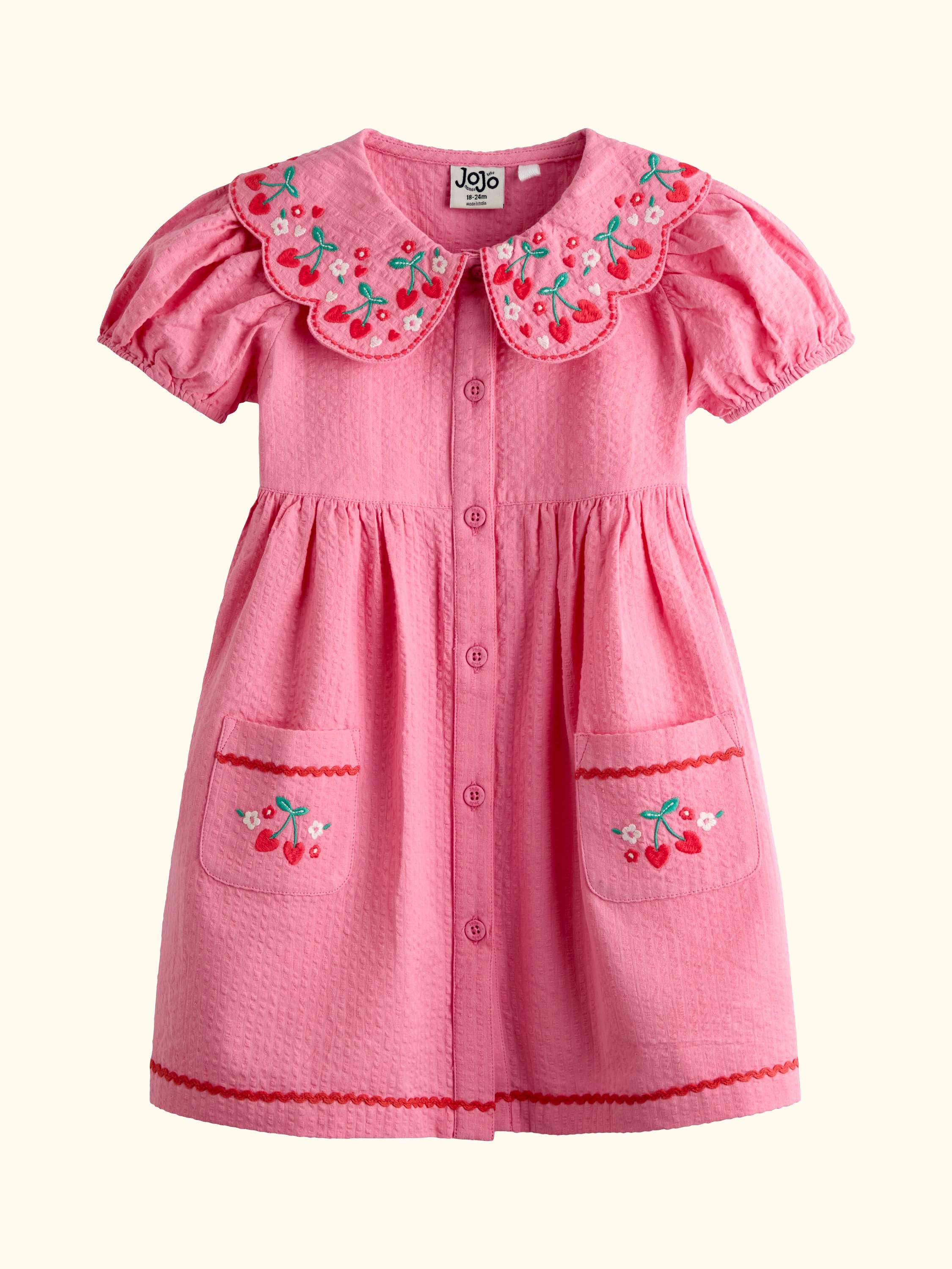 Kids' Embroidered Puff Sleeve Seersucker Dress, Bright Pink